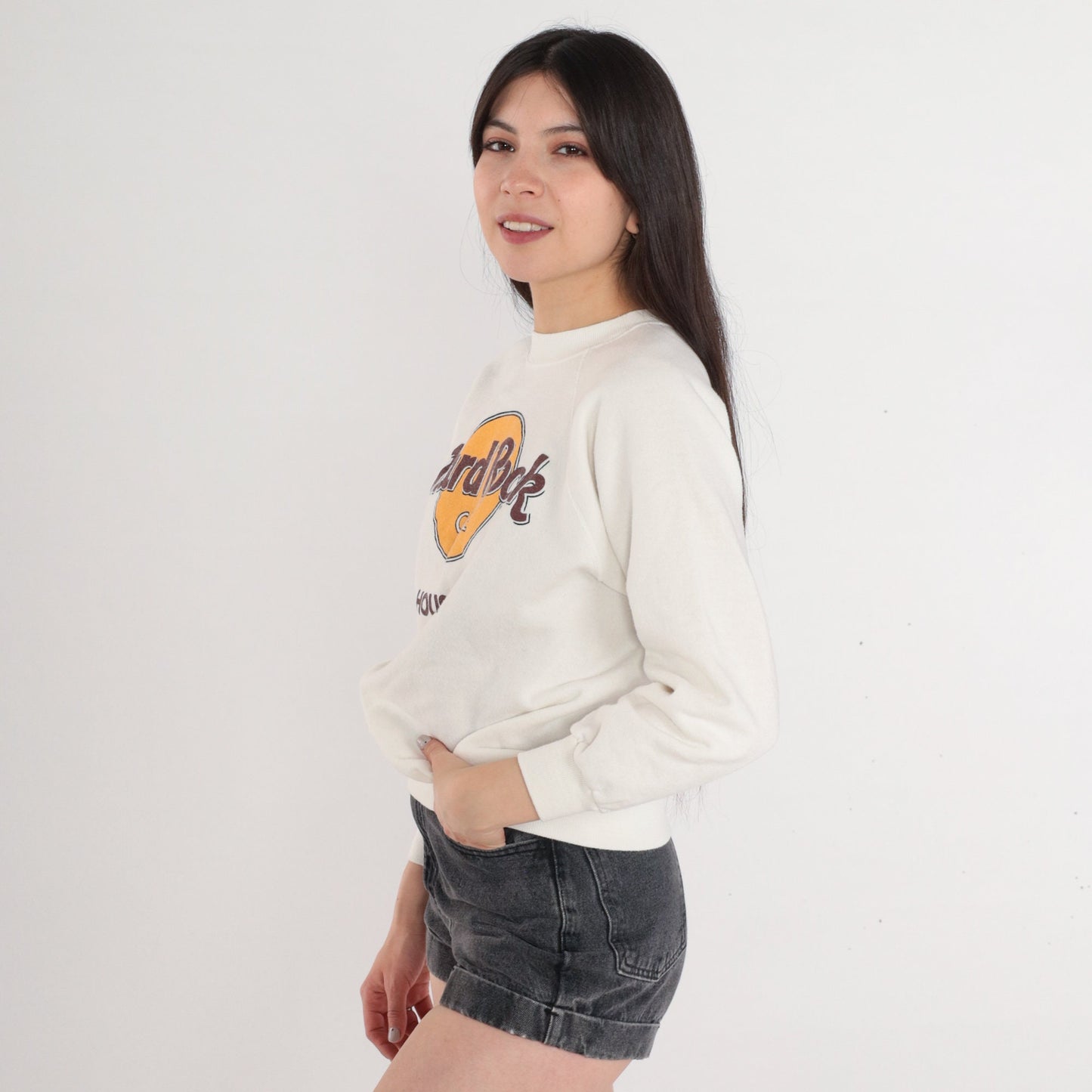 90s Hard Rock Cafe Houston Raglan Sweatshirt White Graphic Pullover Small