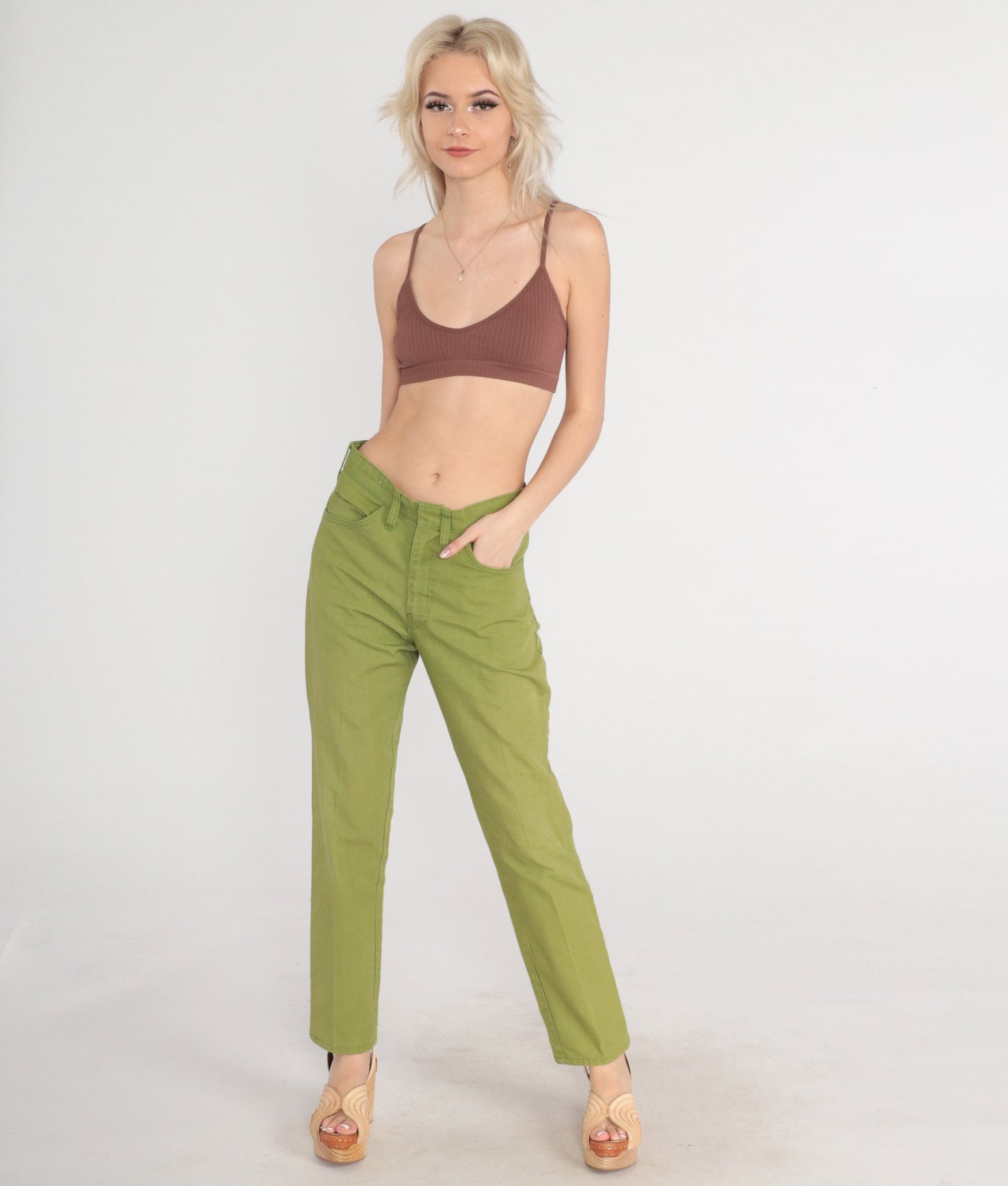 70s Green Tapered Trousers Mid Rise Creased Slacks Small