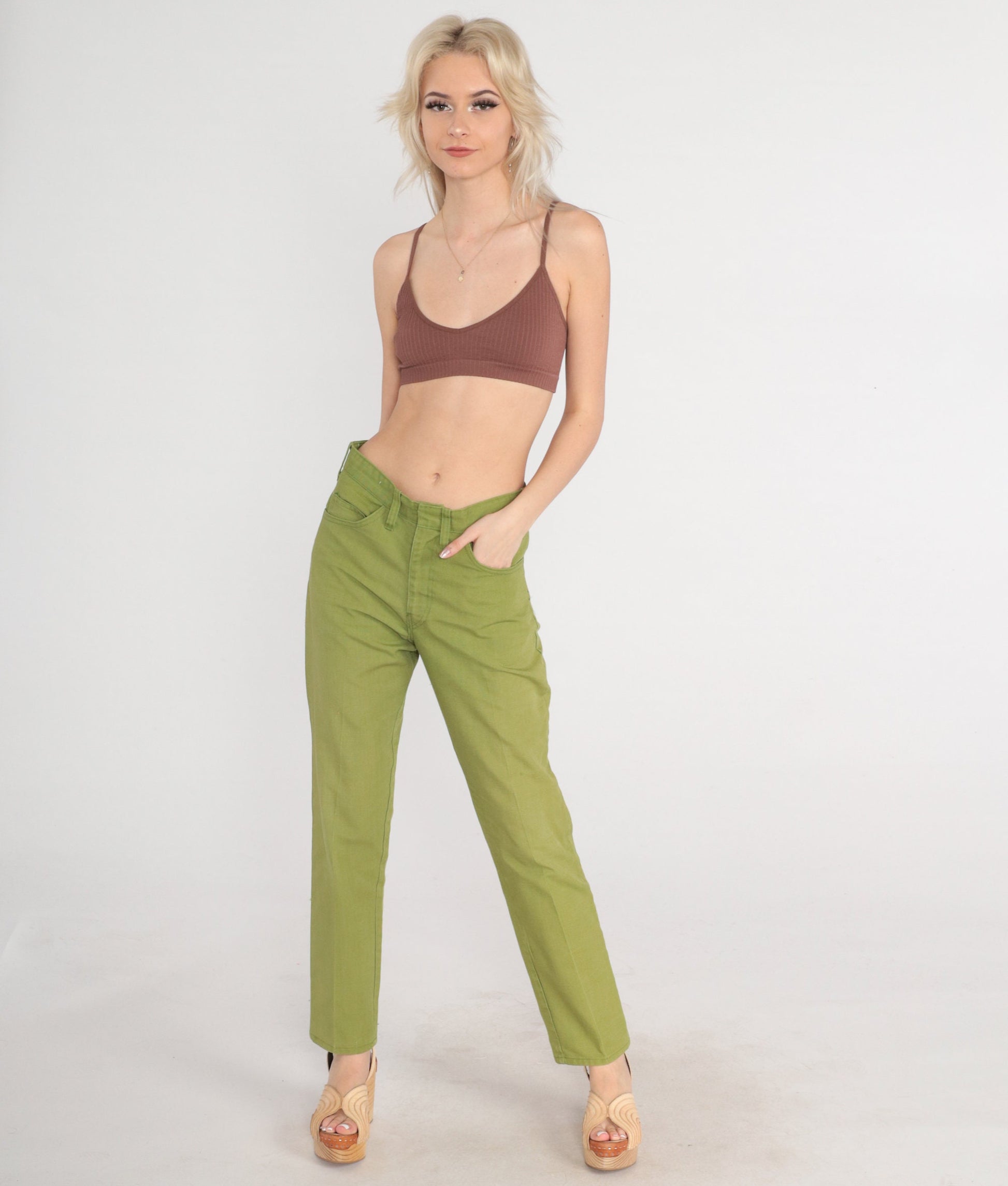 70s Green Tapered Trousers Mid Rise Creased Slacks Small