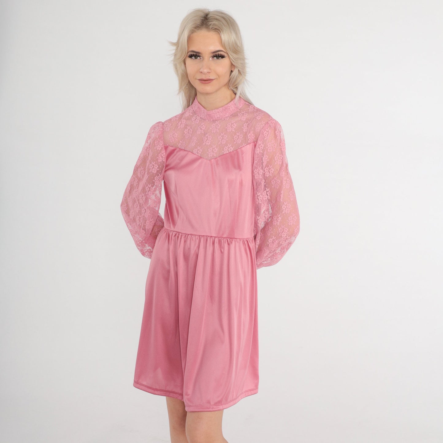 70s Pink Mini Dress Lace Neckline High Waist Long Sleeve Medium