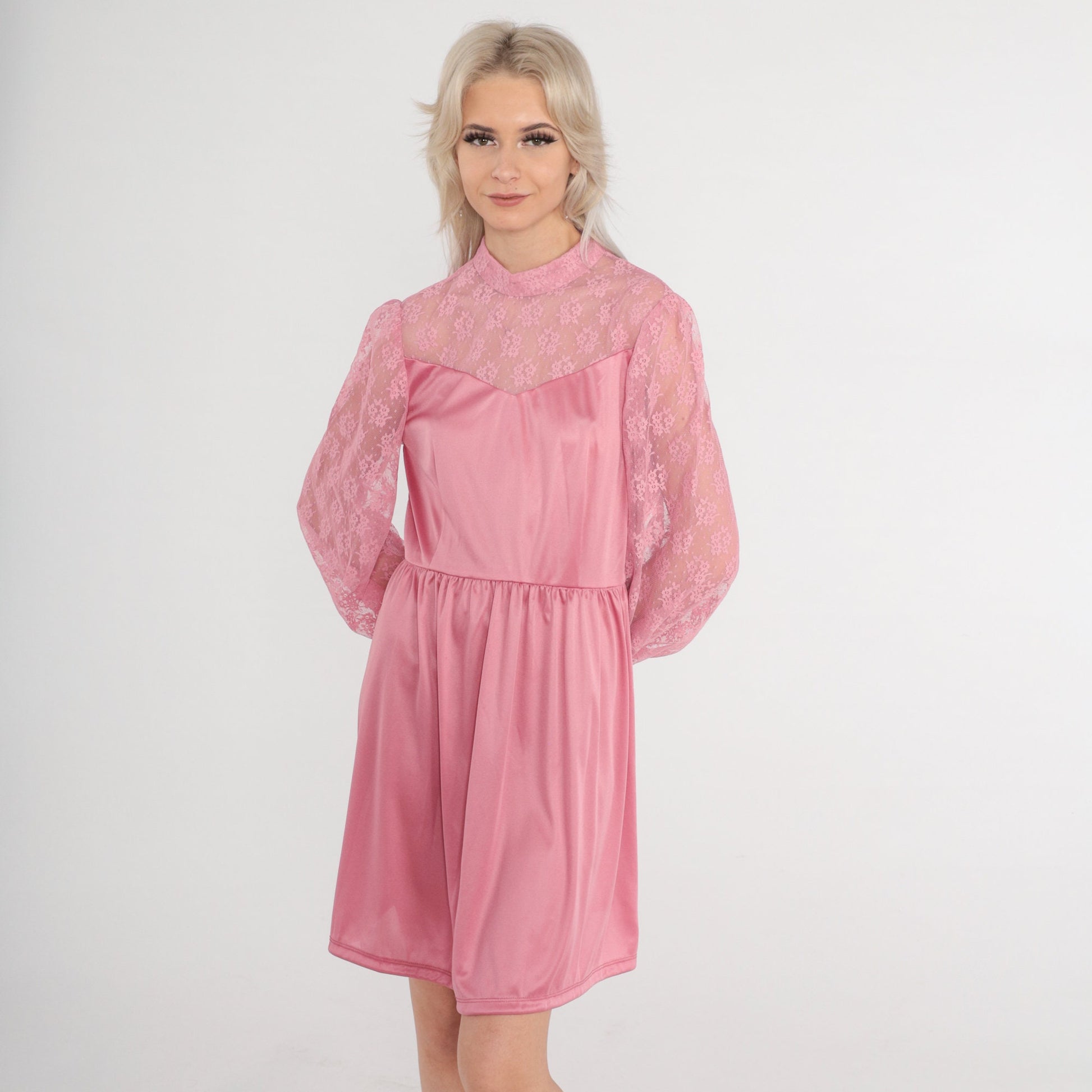 70s Pink Mini Dress Lace Neckline High Waist Long Sleeve Medium
