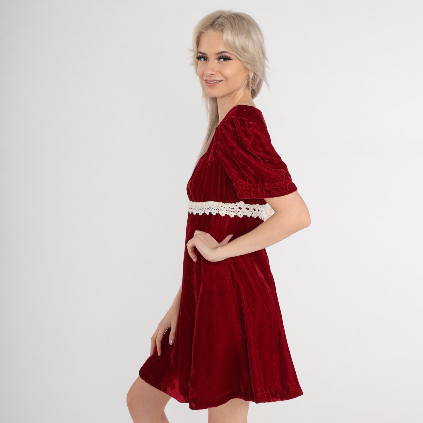 70s Red Velvet Mini Dress Puff Sleeve Empire Waist Lace Trim Small