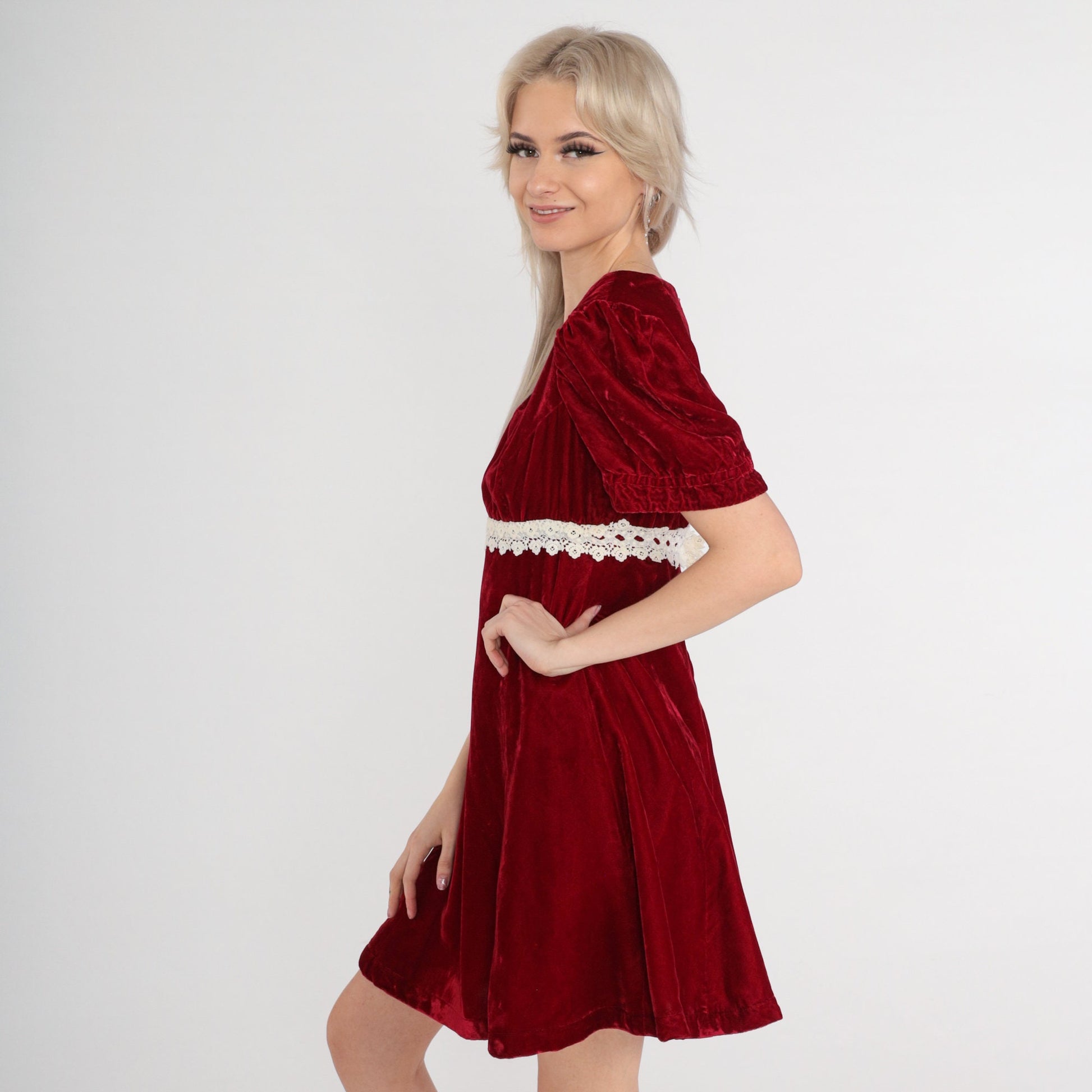 70s Red Velvet Mini Dress Puff Sleeve Empire Waist Lace Trim Small