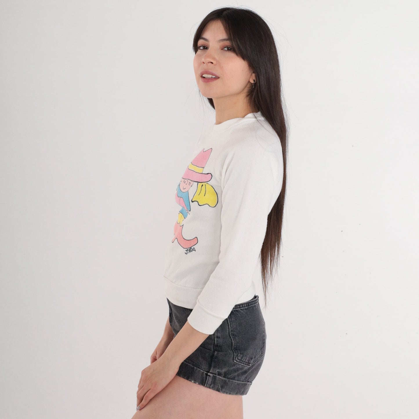 90s Jerzees Cowgirl Cartoon Graphic Sweatshirt White Raglan XXS