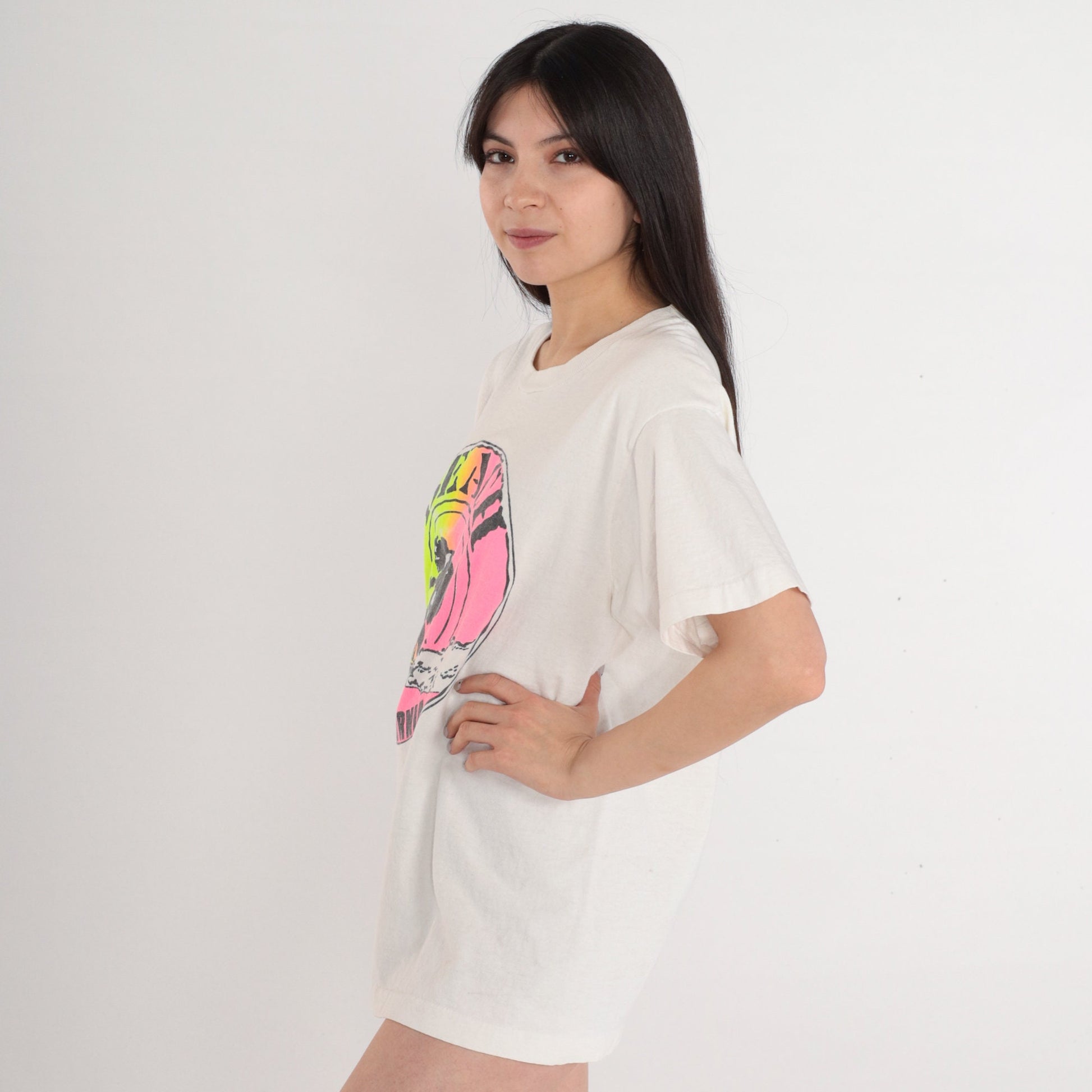 90s California Beach Surfer Graphic T-Shirt White Neon Single Stitch Large