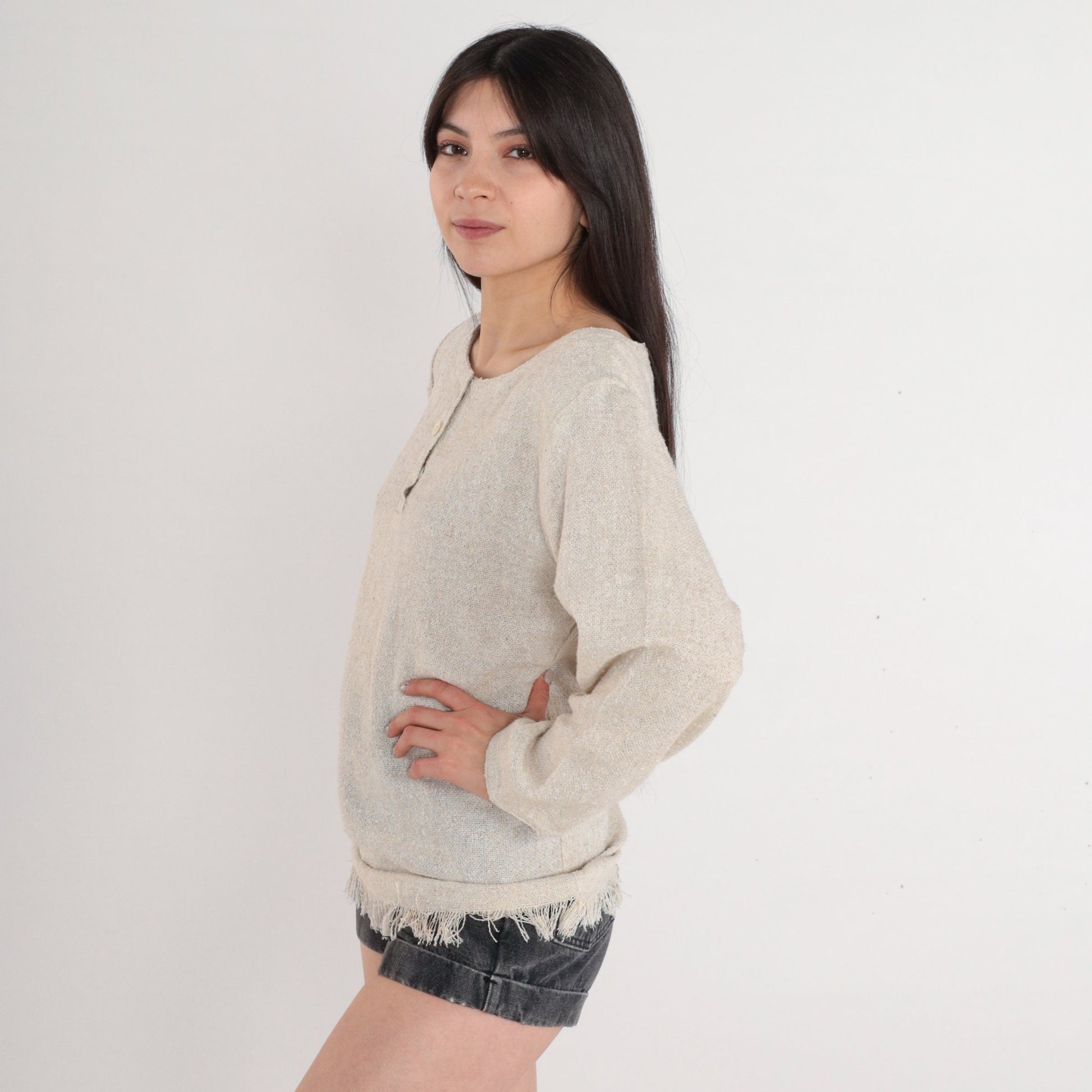 90s Jones New York Oatmeal Woven Henley Fringe Blouse Medium M