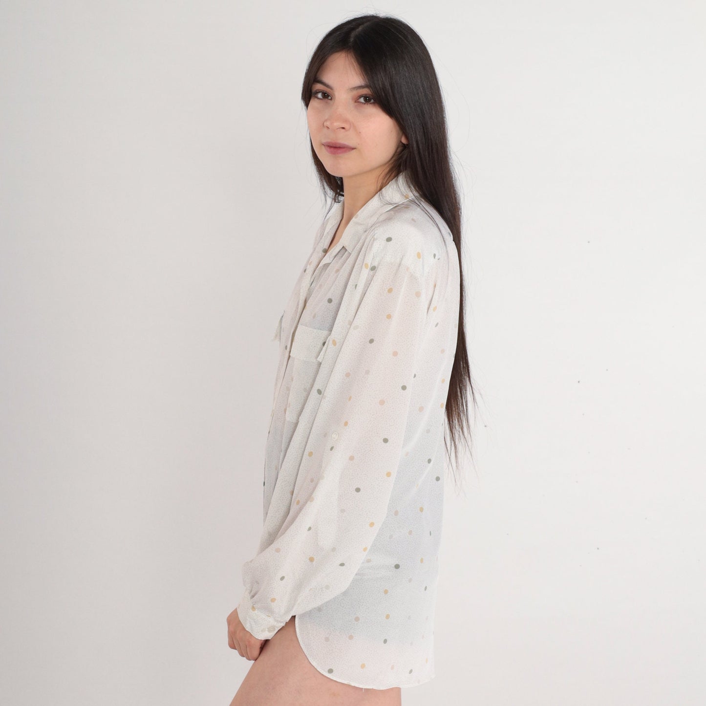 80s Polka Dot Button-Up Blouse White Semi-Sheer Long Sleeve Collared Shirt Extra Large XL