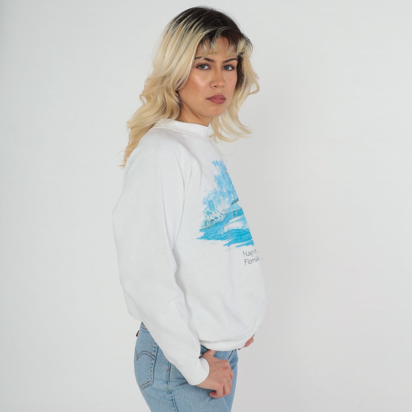 90s Naples Florida Boat Sweatshirt White Raglan Graphic Crewneck Medium Large