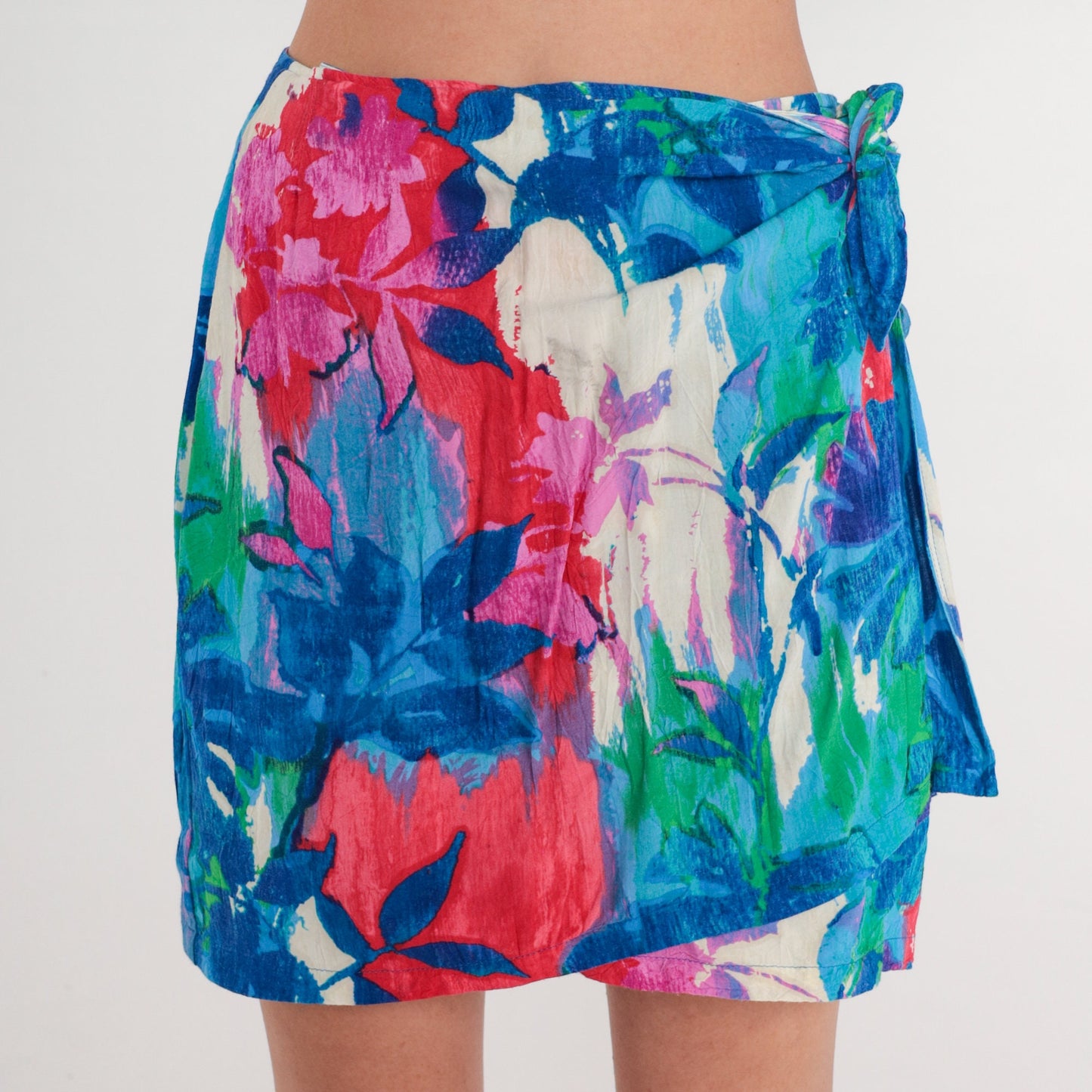 Y2K Jam's World Tropical Floral Wrap Mini Skirt White Pink Blue Small