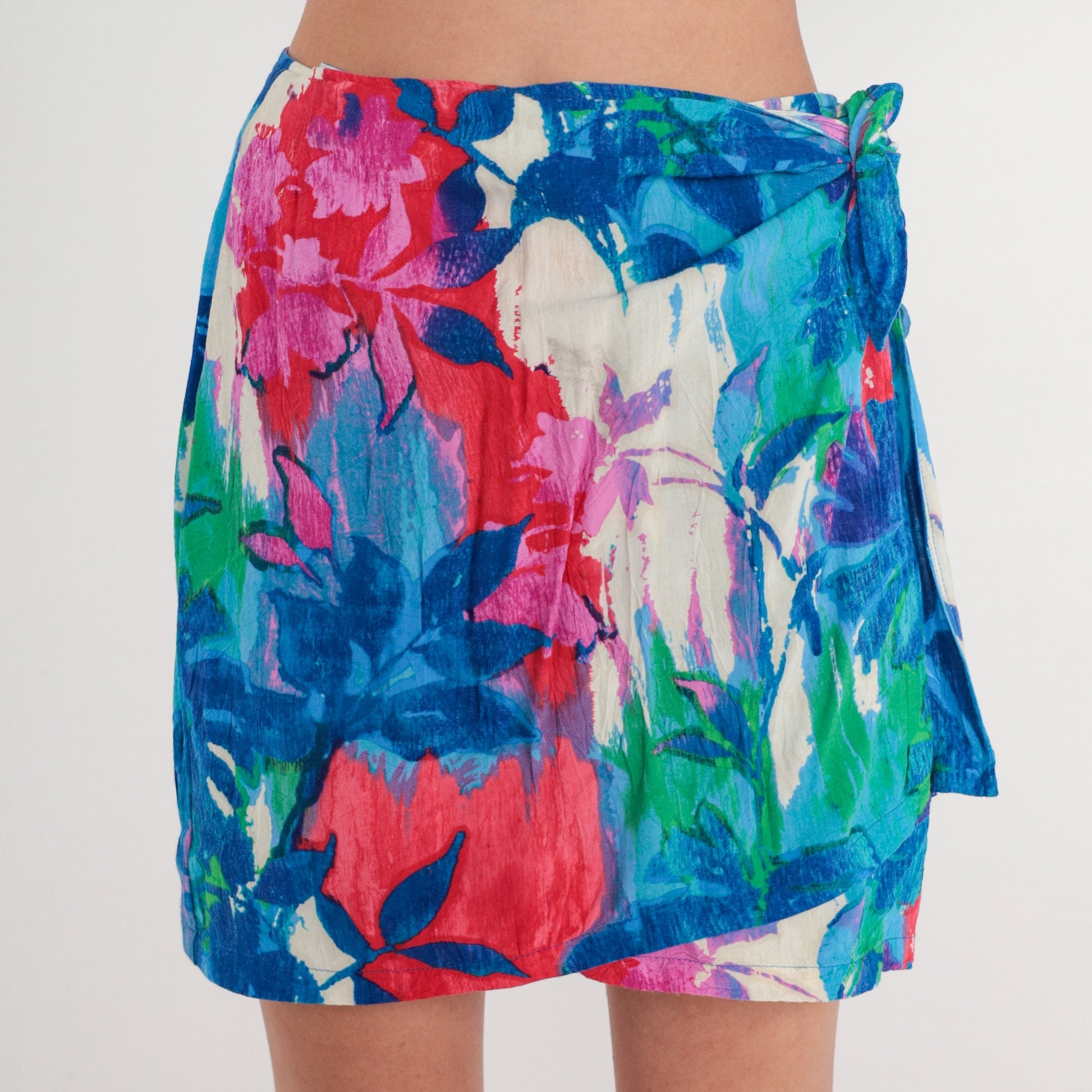 Y2K Jam's World Tropical Floral Wrap Mini Skirt White Pink Blue Small