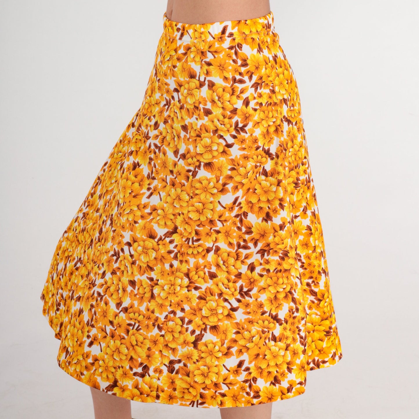 80s Floral Midi Skirt High Waist A-Line White Yellow Orange Small Medium