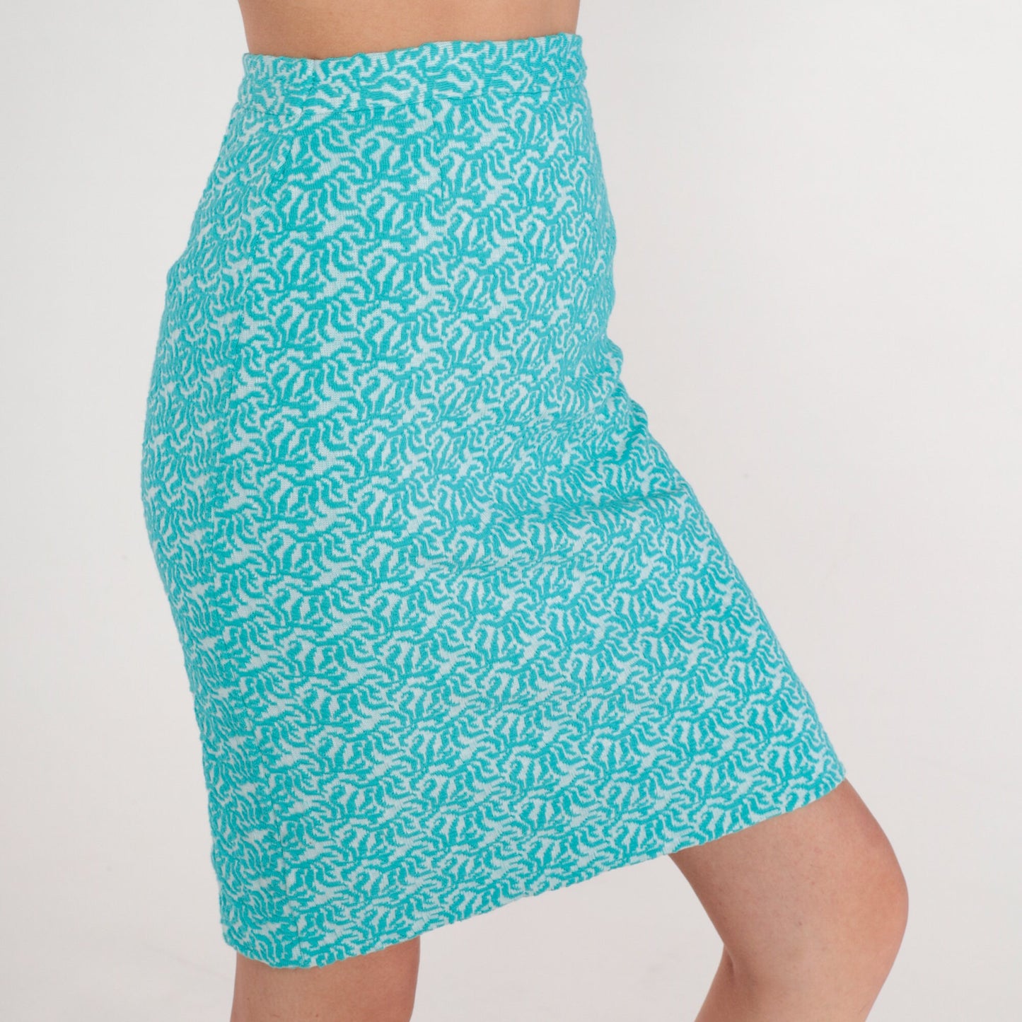 60s Bright Blue Floral Mini Skirt High Waisted Pencil Knit Extra Small