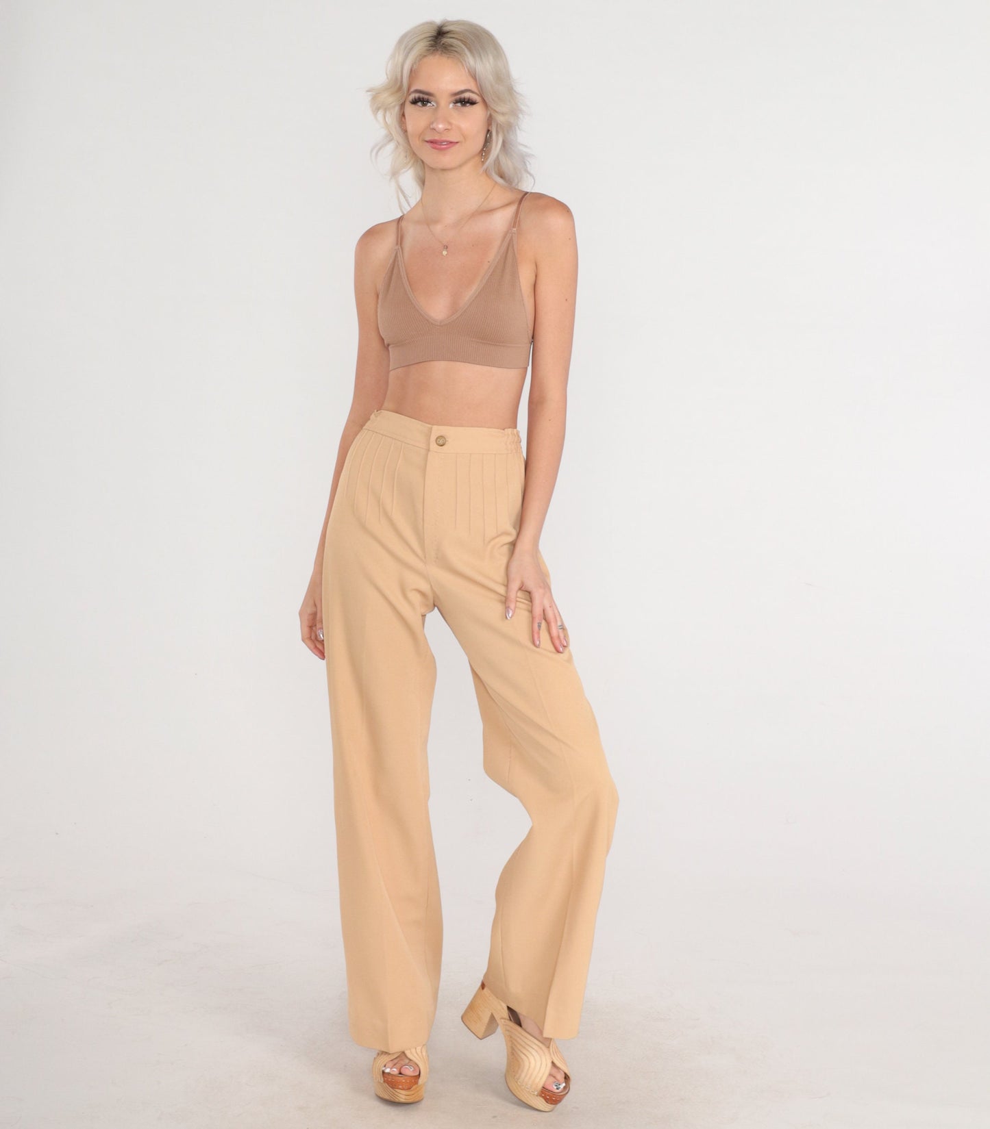 70s Tan High-Waisted Straight Leg Trousers Pleated Crease Extra Small