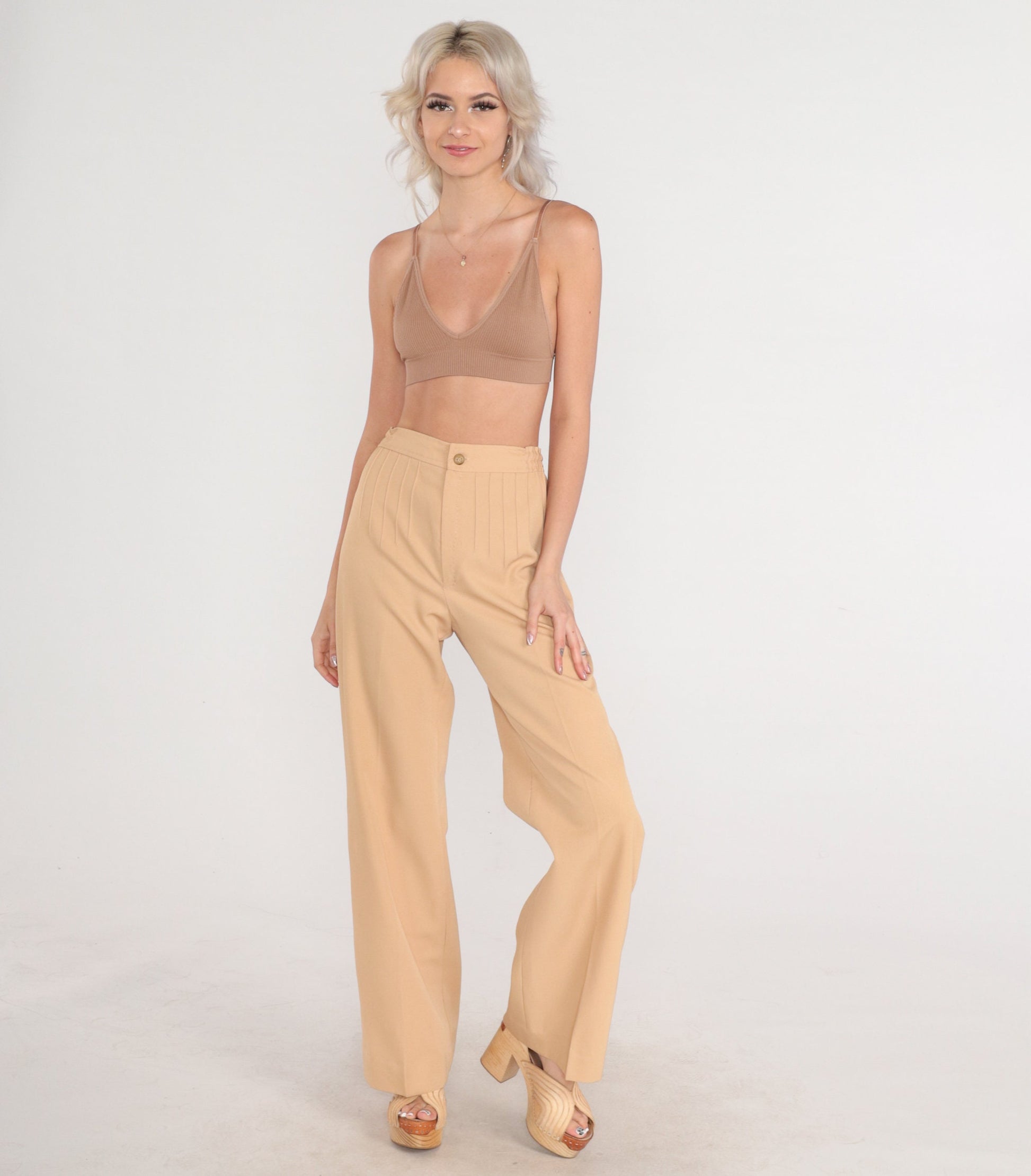 70s Tan High-Waisted Straight Leg Trousers Pleated Crease Extra Small