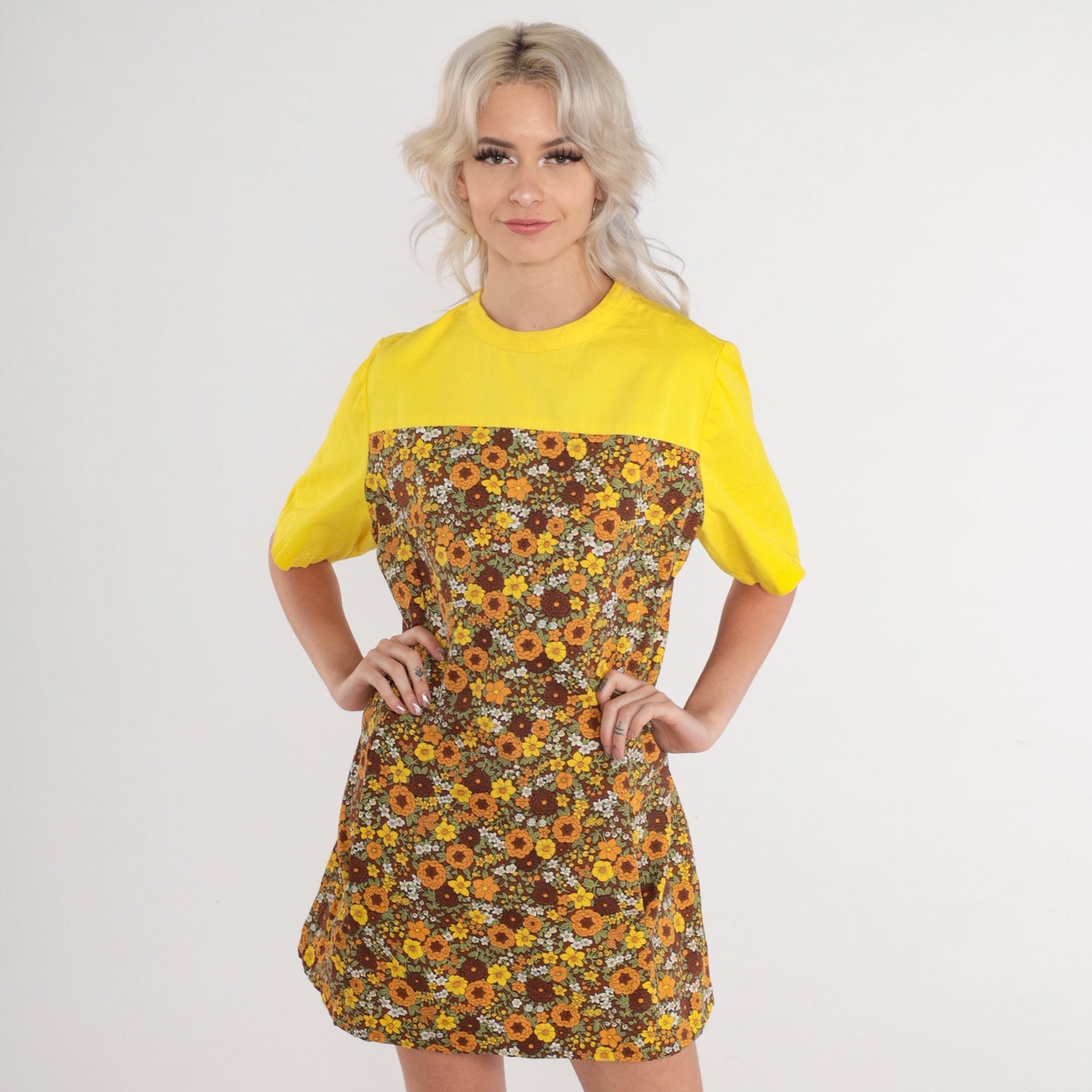 60s Floral Shift Mini Dress Yellow Yoke Short Sleeve Petite Medium