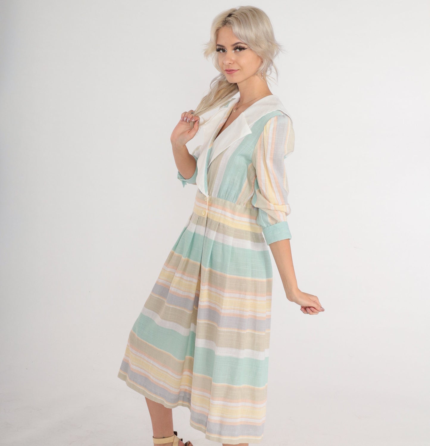80s Striped Wrap Midi Dress Puff Sleeve Layered Collar Button Up Medium Large