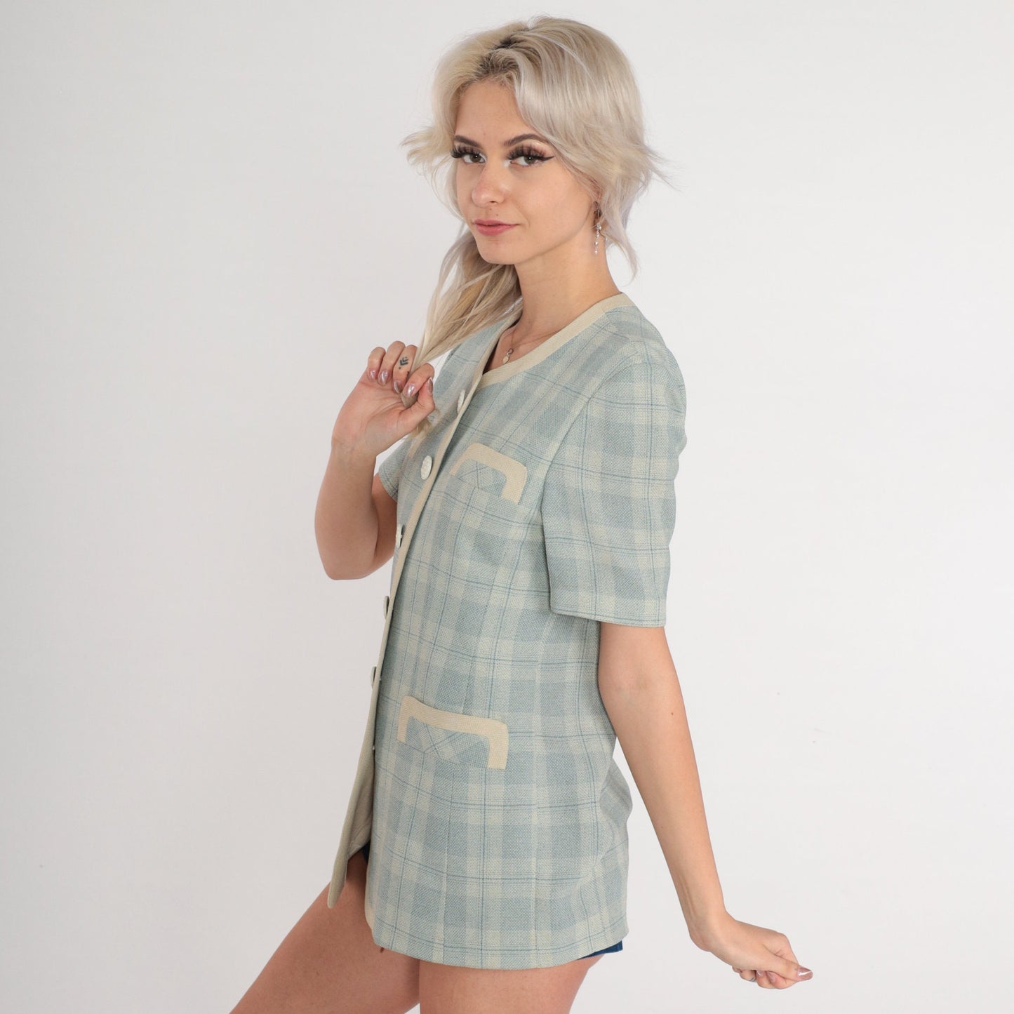 80s Blue Plaid Button-Up Blouse Beige Trim Short Sleeve Extra Small XS
