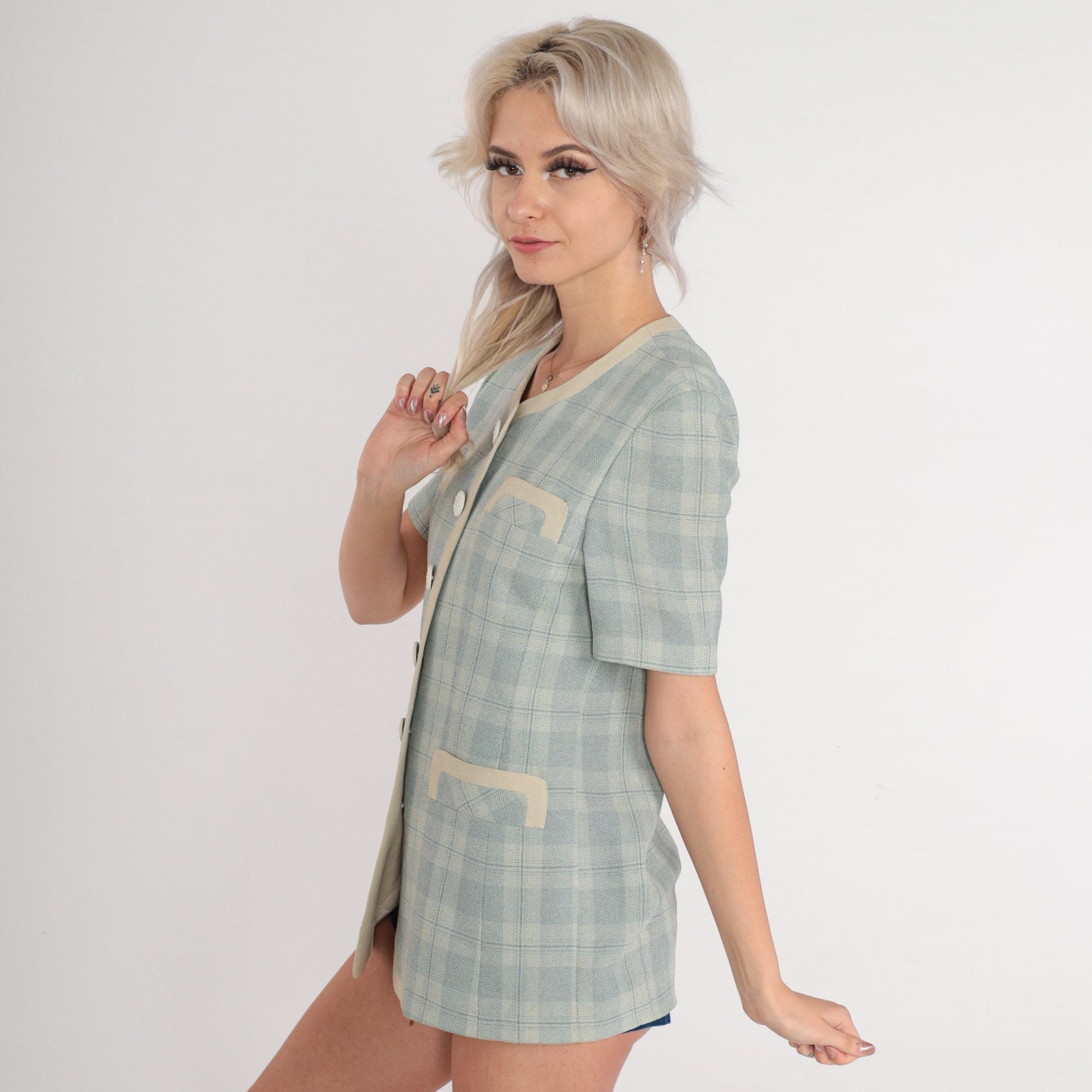 80s Blue Plaid Button-Up Blouse Beige Trim Short Sleeve Extra Small XS