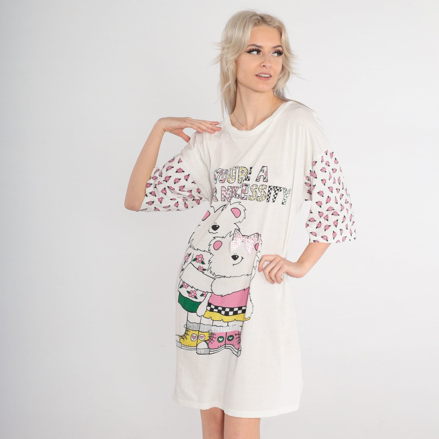 90s Teddy Bear Graphic T-Shirt Dress You're a Bear Necessity Mini Cream Small