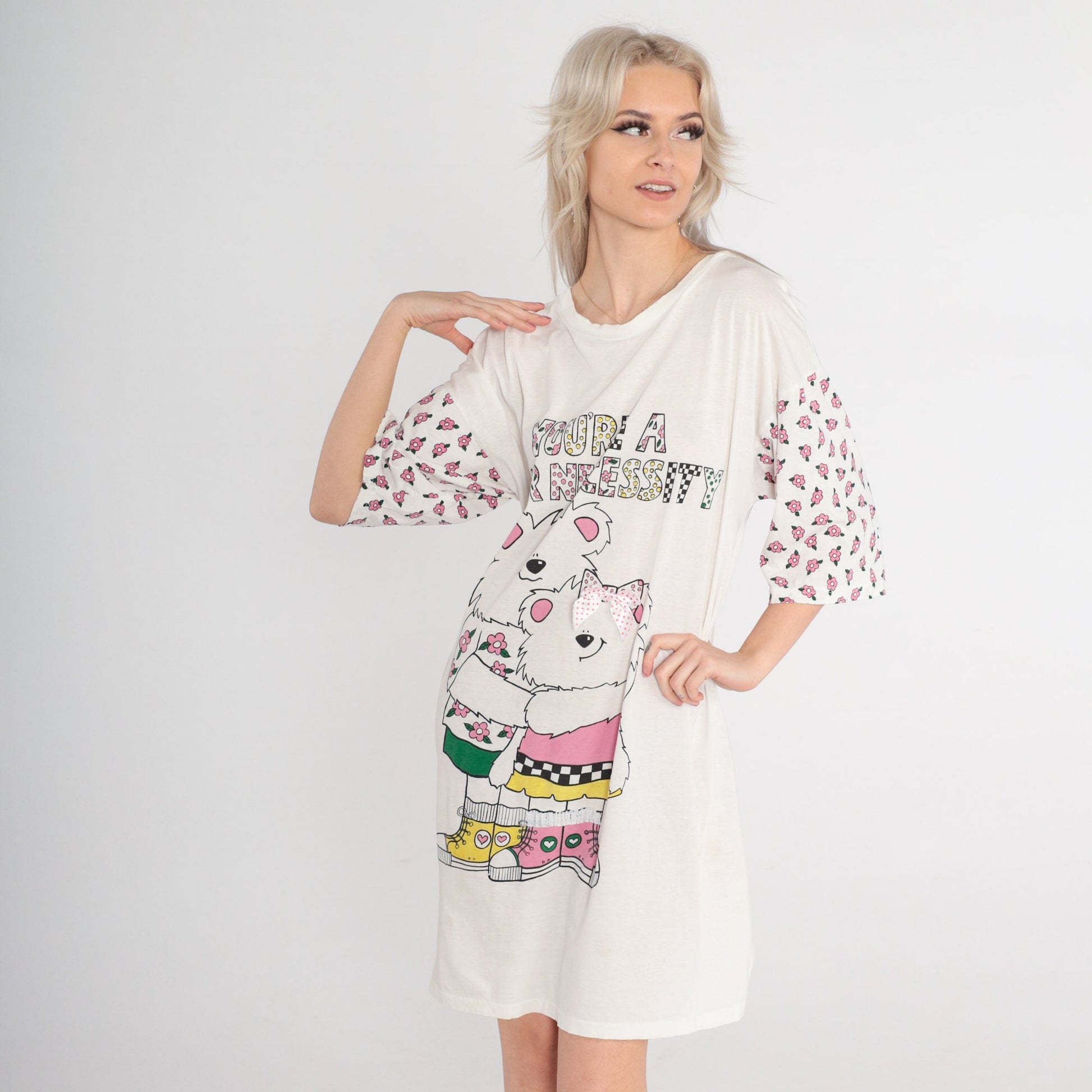 90s Teddy Bear Graphic T-Shirt Dress You're a Bear Necessity Mini Cream Small