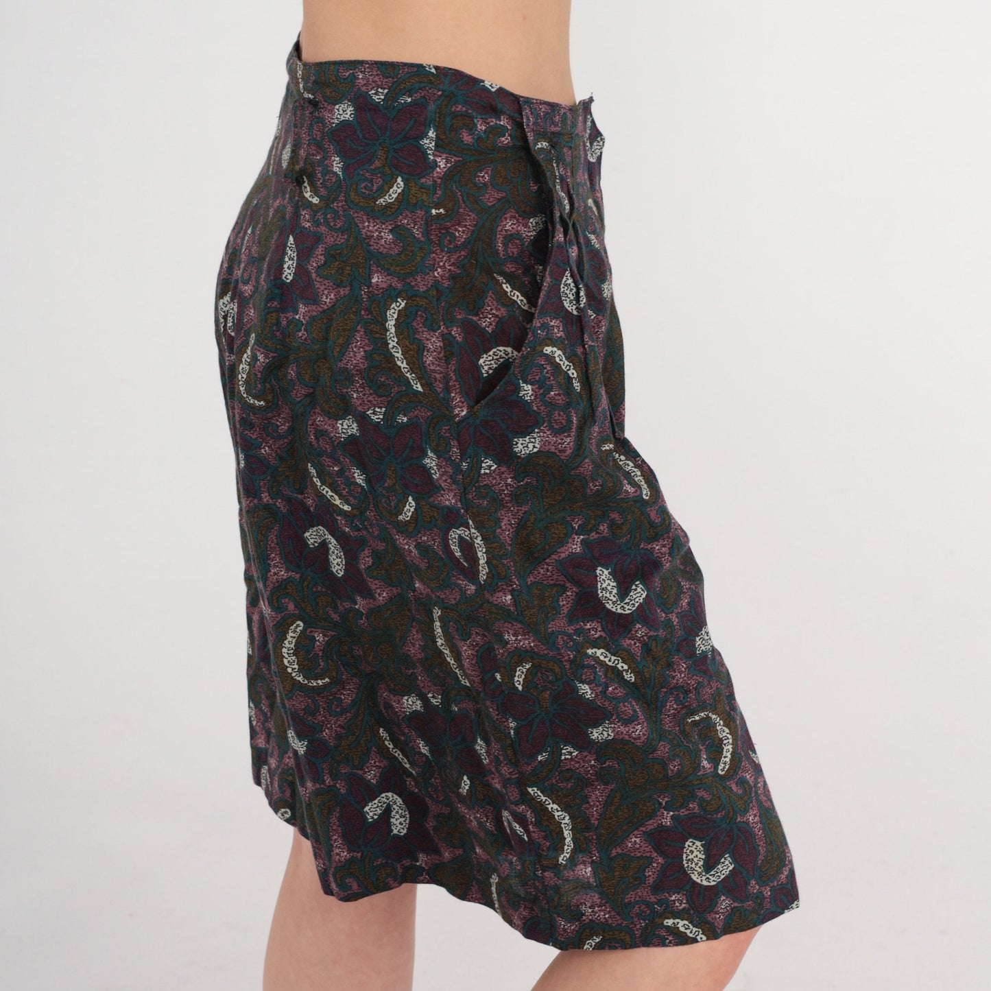 90s Floral Pleated Shorts High Waist Wide Leg Dark Print Purple Green Small