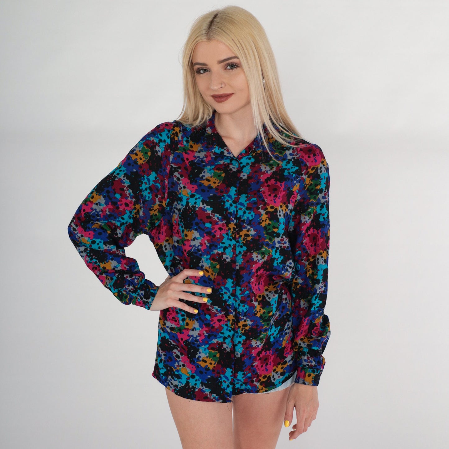 80s Abstract Paint Splatter Button-Up Blouse Multicolor Long Sleeve Small