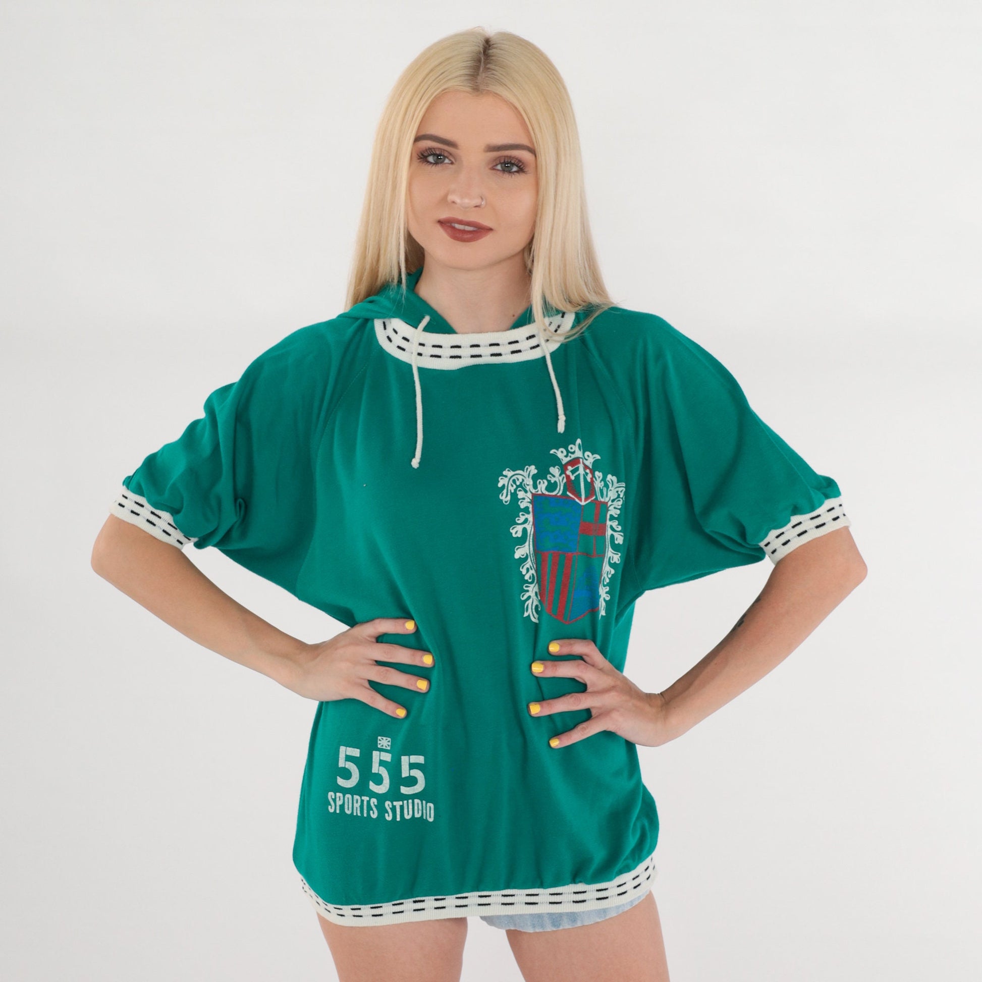 90s 555 Sports Studio Hooded T-Shirt Green Ringer Crest Graphic Large