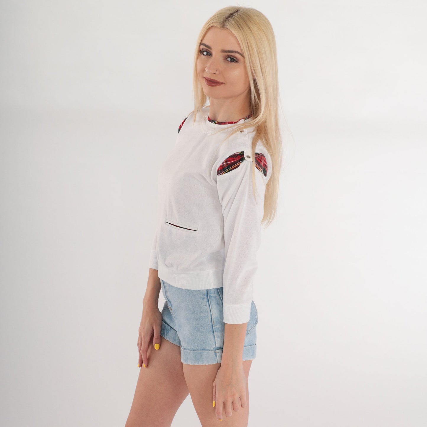 90s White Red Plaid Crewneck Sweatshirt Shoulder Snap Long Sleeve Extra Small