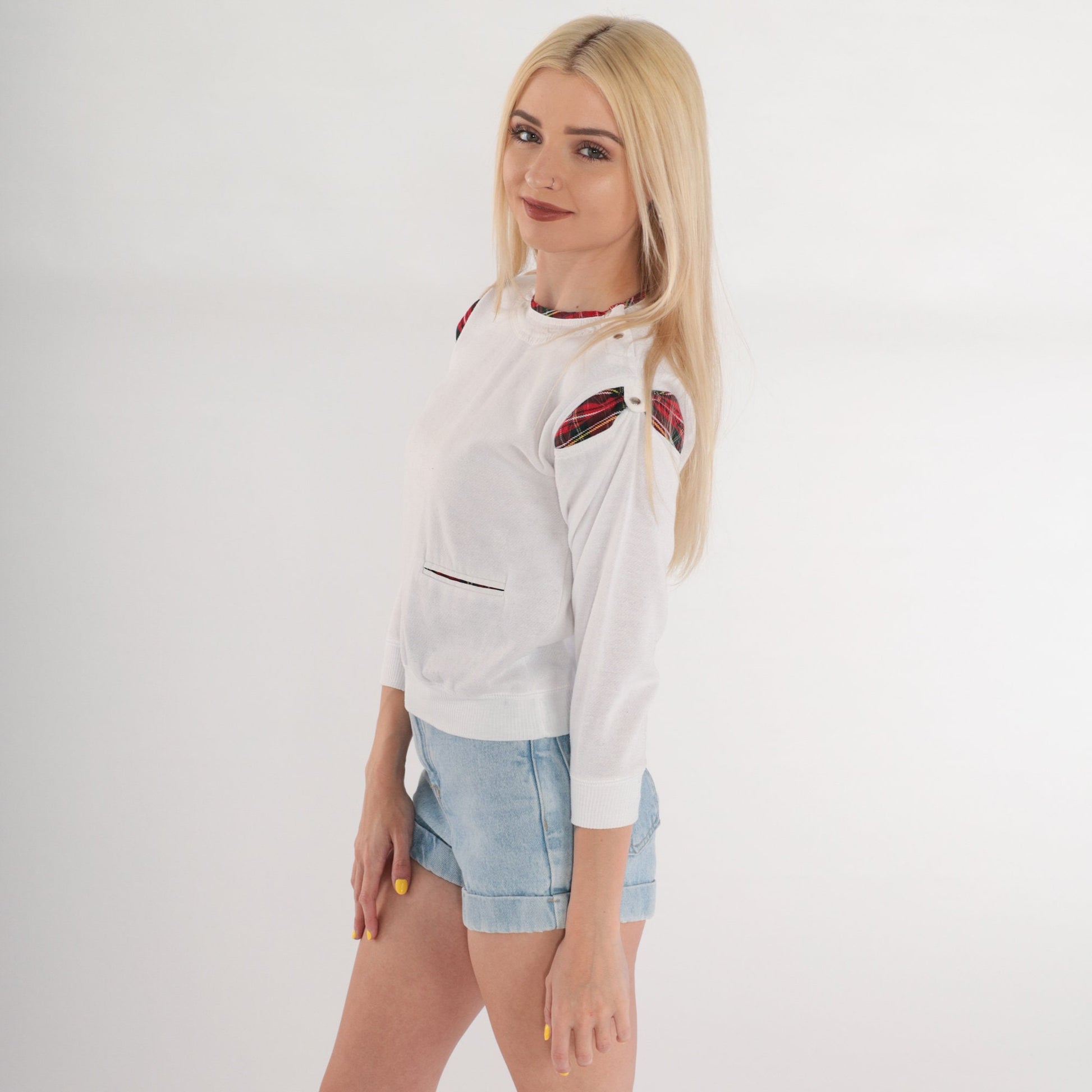 90s White Red Plaid Crewneck Sweatshirt Shoulder Snap Long Sleeve Extra Small
