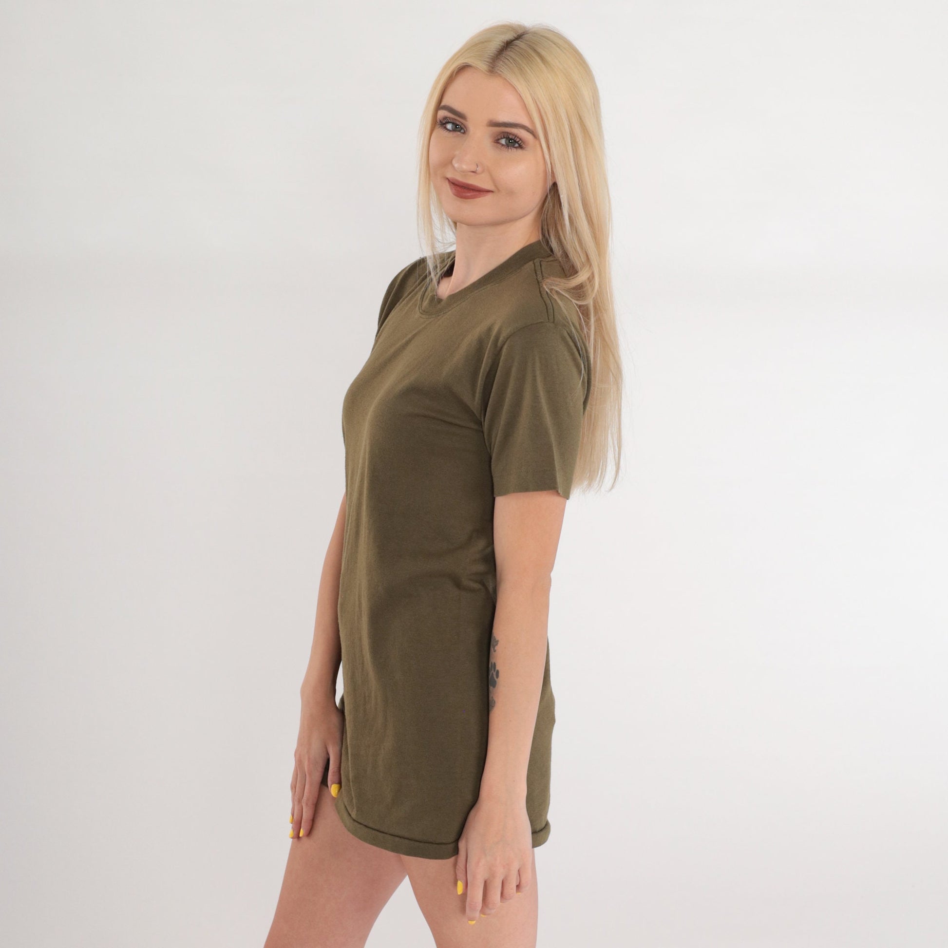 80s Olive Brown Crewneck T-Shirt Single Stitch Plain Tee Small S