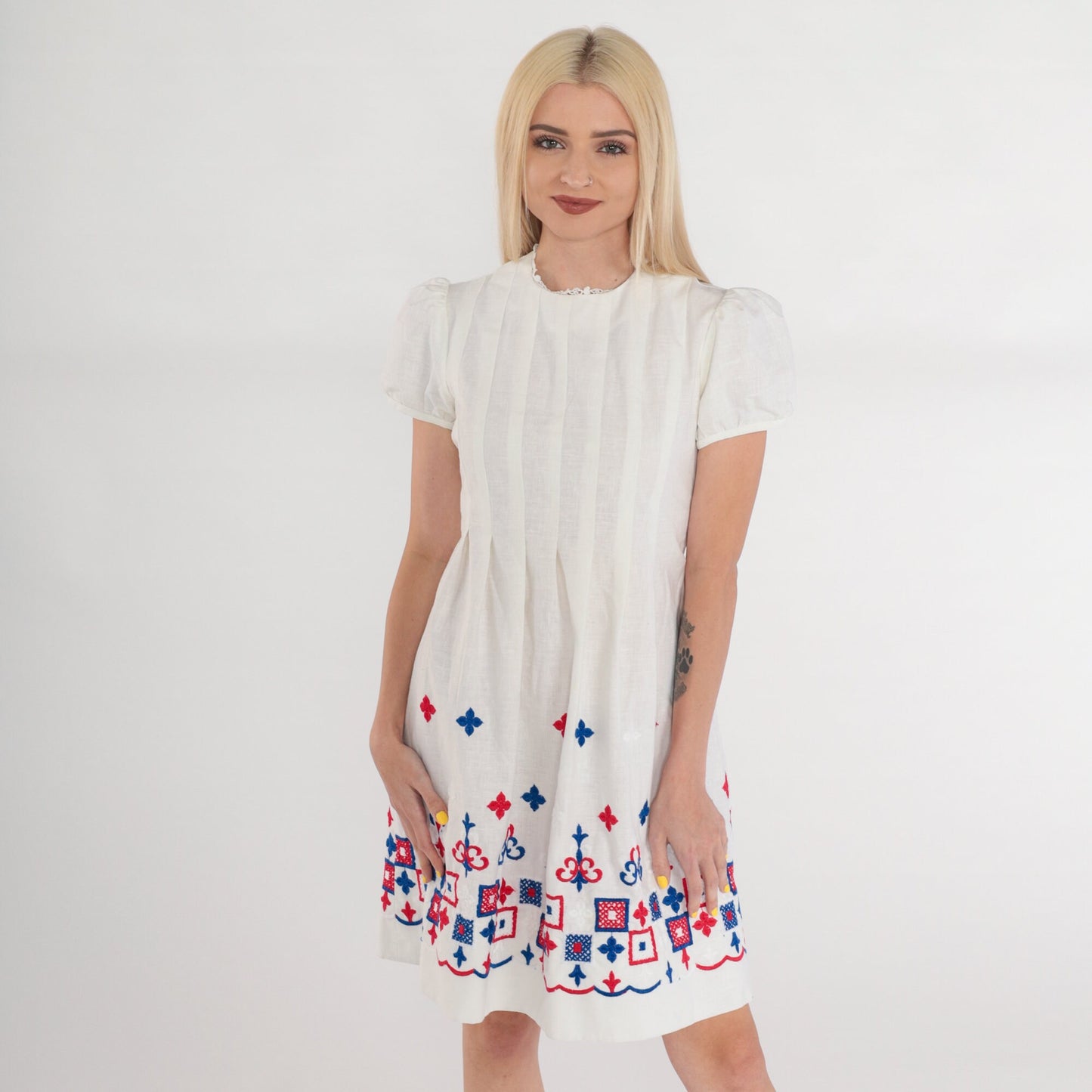 1960s White Puff Sleeve Mini Dress Embroidered Red Blue Lace Trim Small