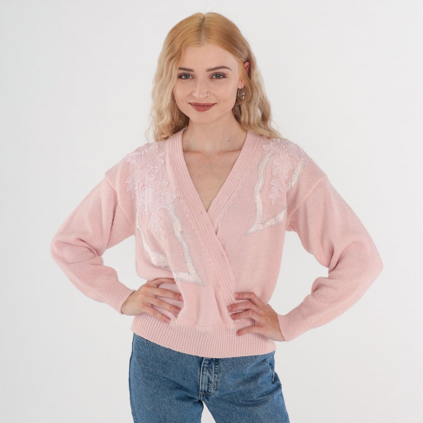 80s Pink Floral Knit Sweater V-Neck Faux Wrap Embroidered Medium M