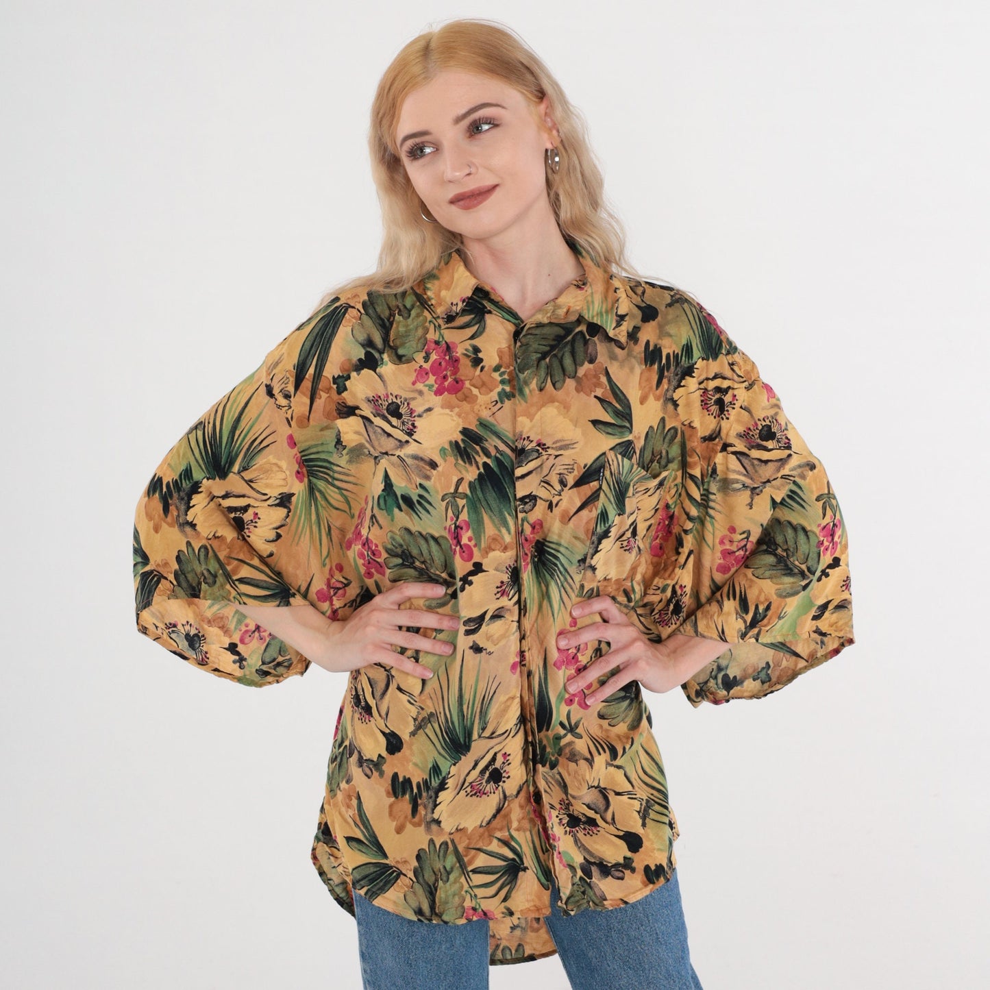 90s Tropical Floral Leaf Print Hawaiian Button-Up Shirt Tan Green Pink Men's XL