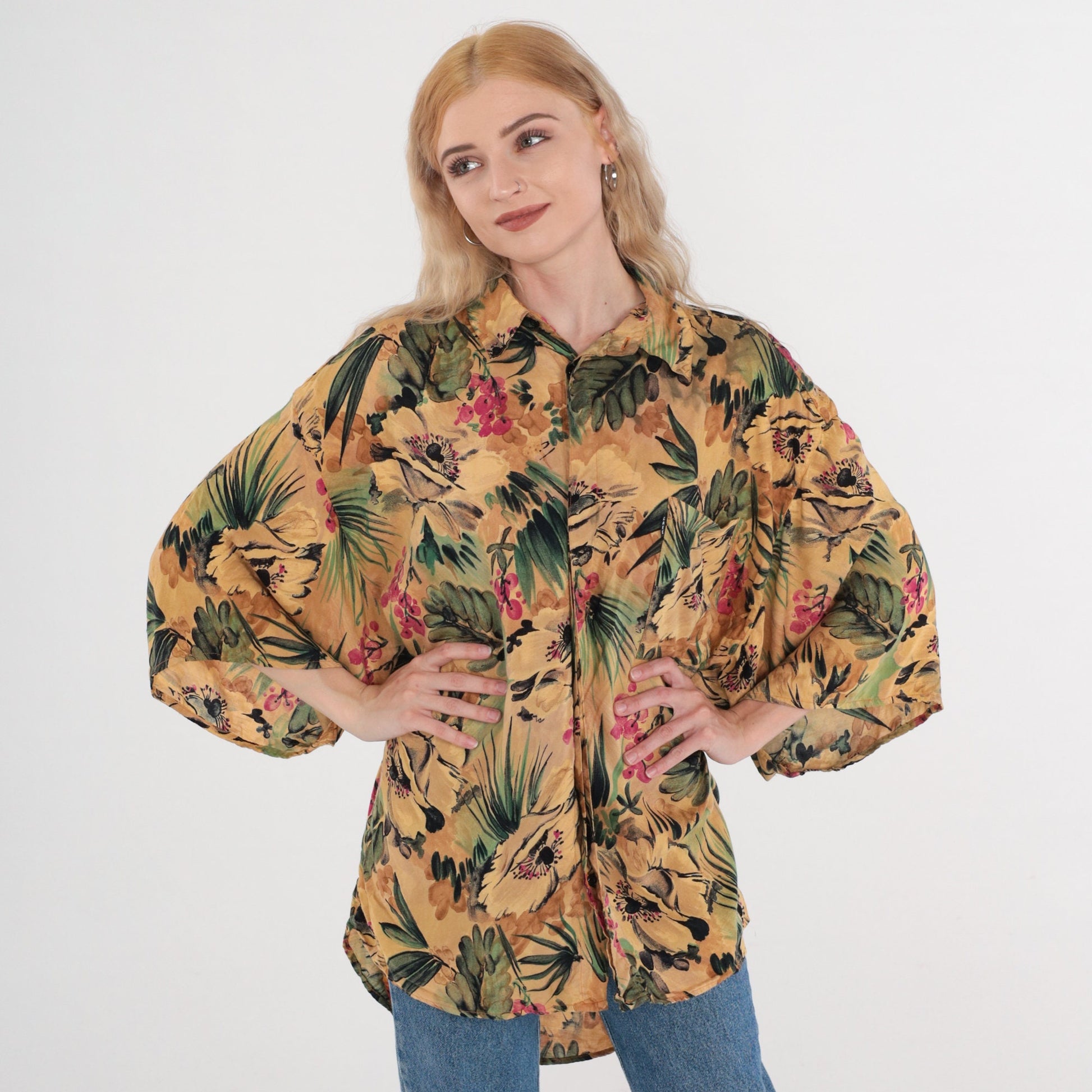 90s Tropical Floral Leaf Print Hawaiian Button-Up Shirt Tan Green Pink Men's XL