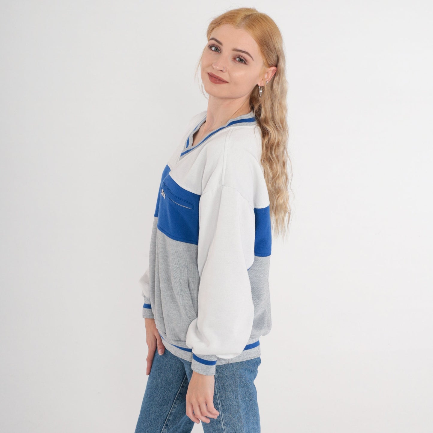 90s Pierre Cardin Color Block V-Neck Sweatshirt Blue Grey White Men's Large L