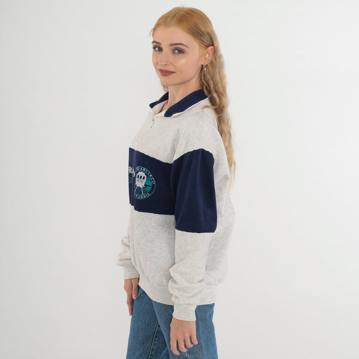 90s San Francisco Cable Car Quarter Zip Sweatshirt Heather Grey Blue Medium