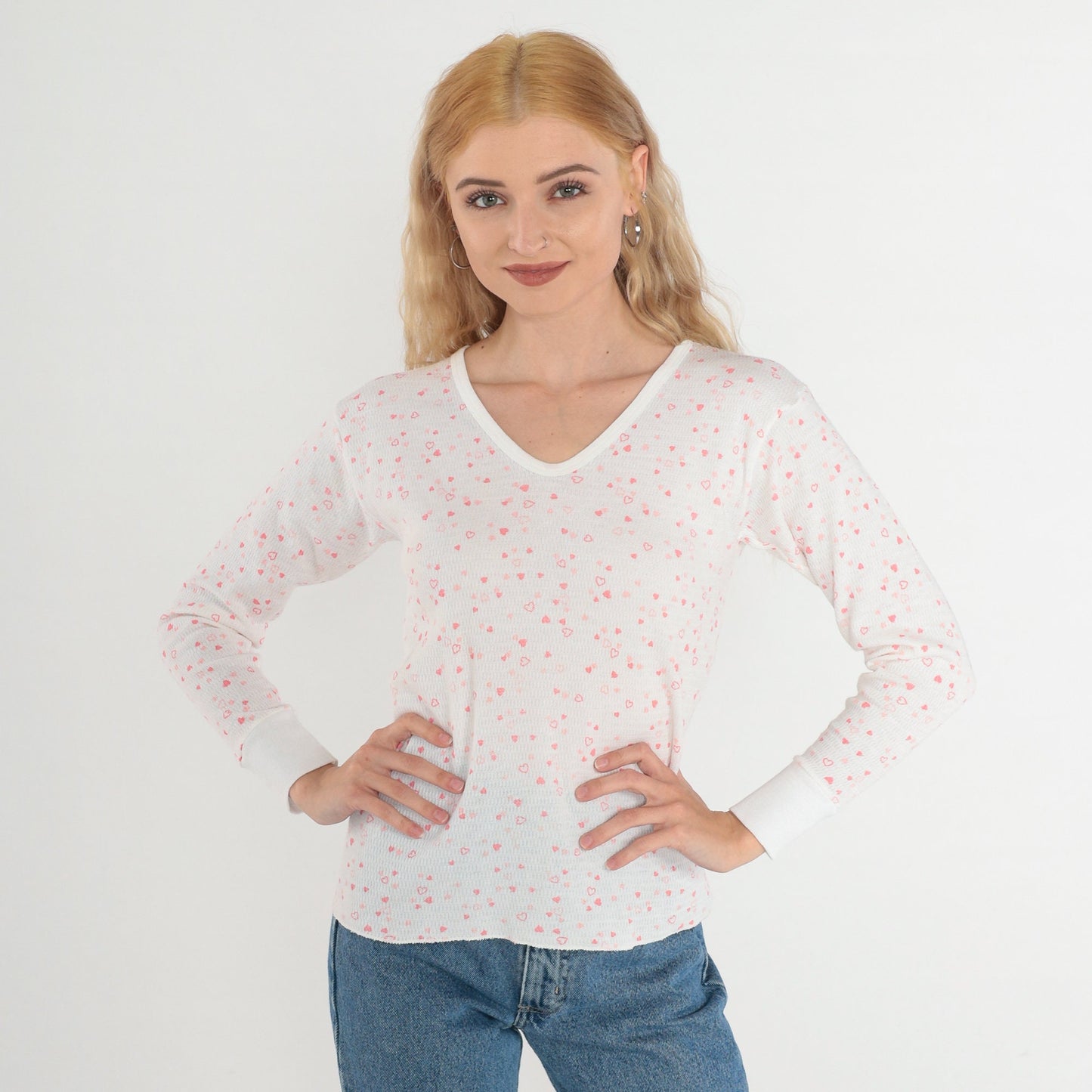 80s Heart Print Waffle Knit Thermal Shirt White V-Neck Long Sleeve Small