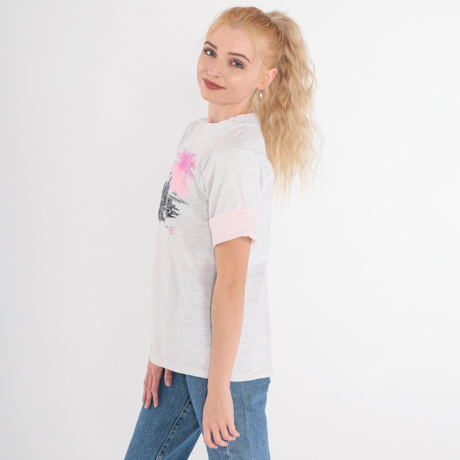 90s Seattle Mt Rainier Graphic T-Shirt Heather Grey Pink Cuff Small