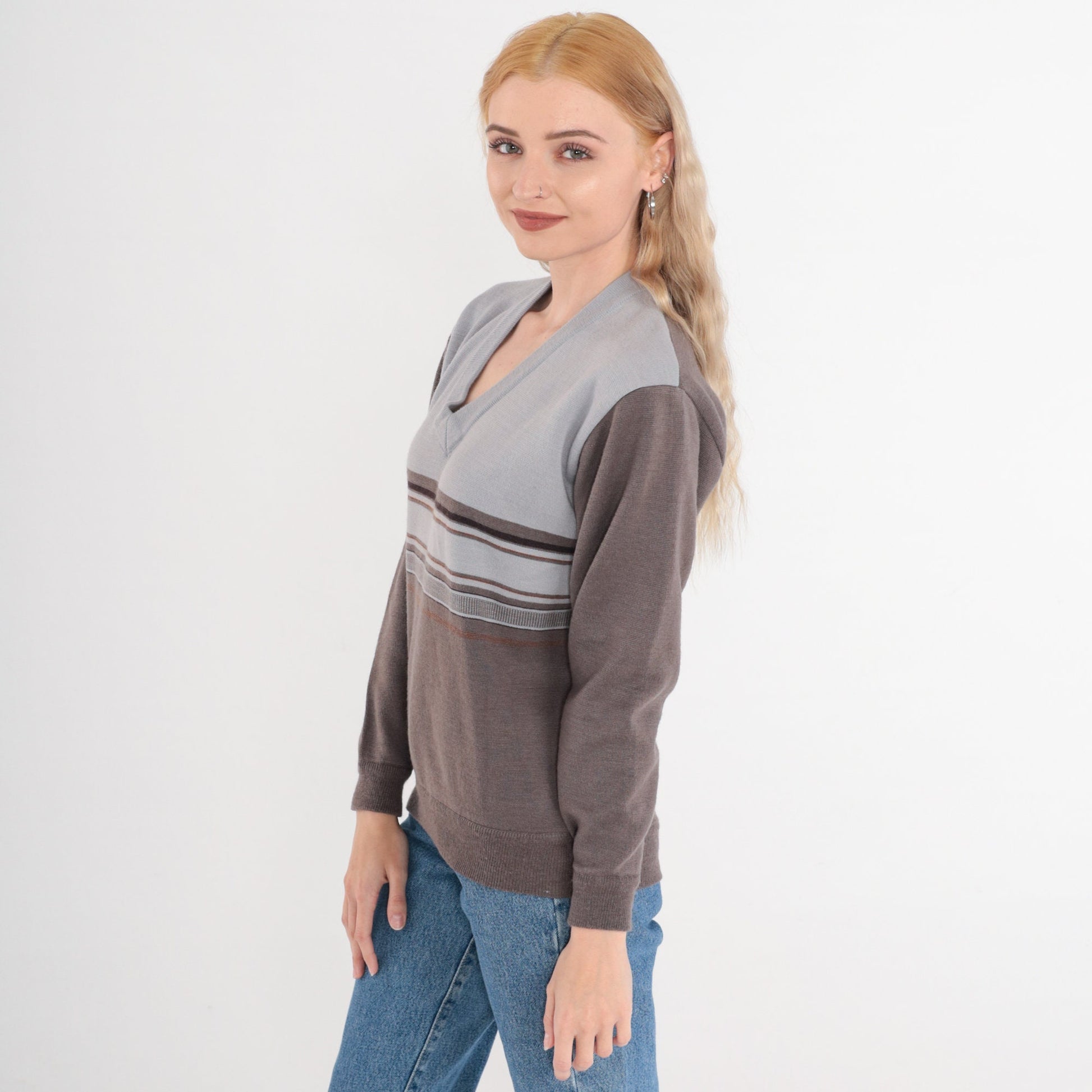 80s Striped V-Neck Sweater Wool Blend Grey Taupe Pullover Small Medium