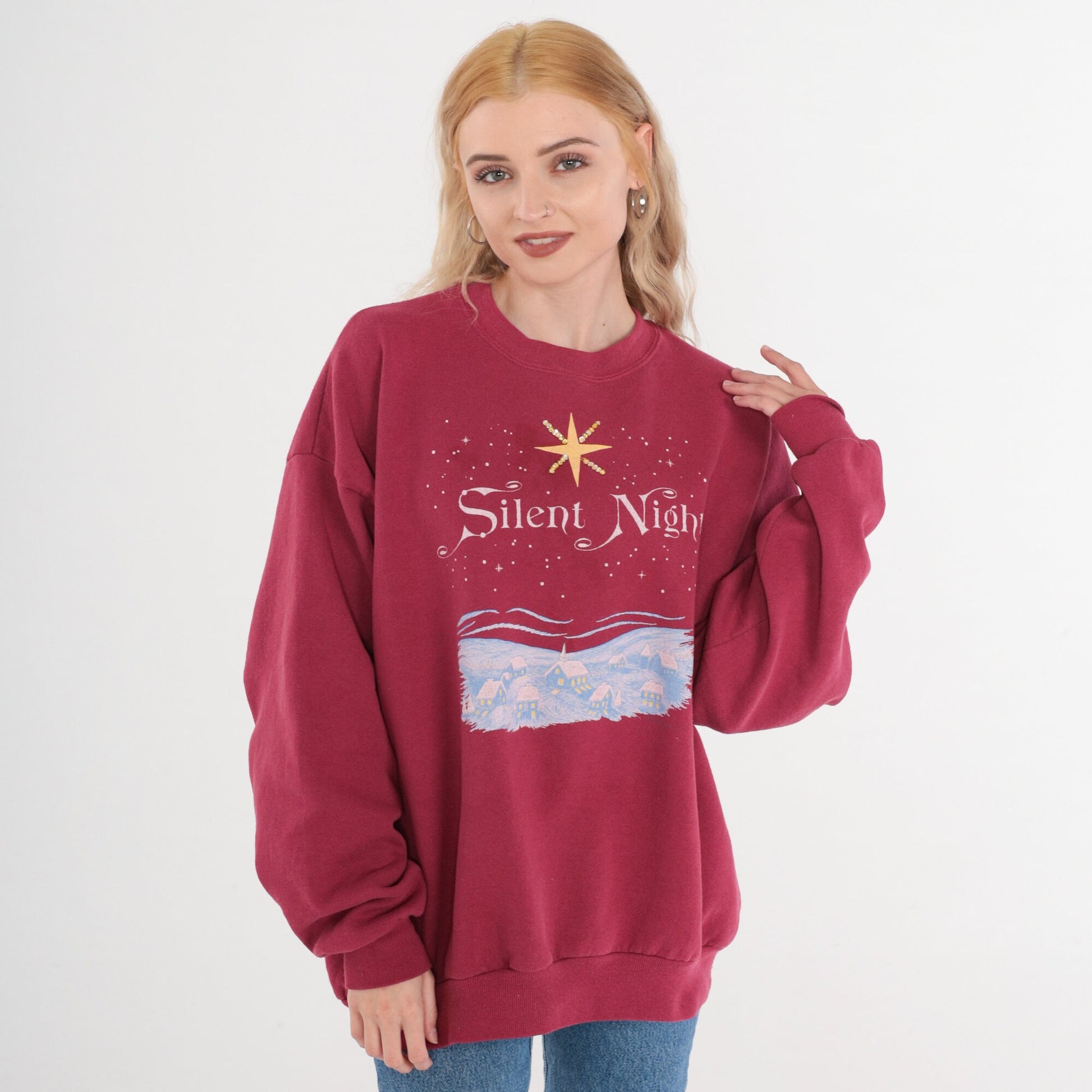90s Jerzees Silent Night Christmas Sweatshirt Rhinestone Star Magenta XL