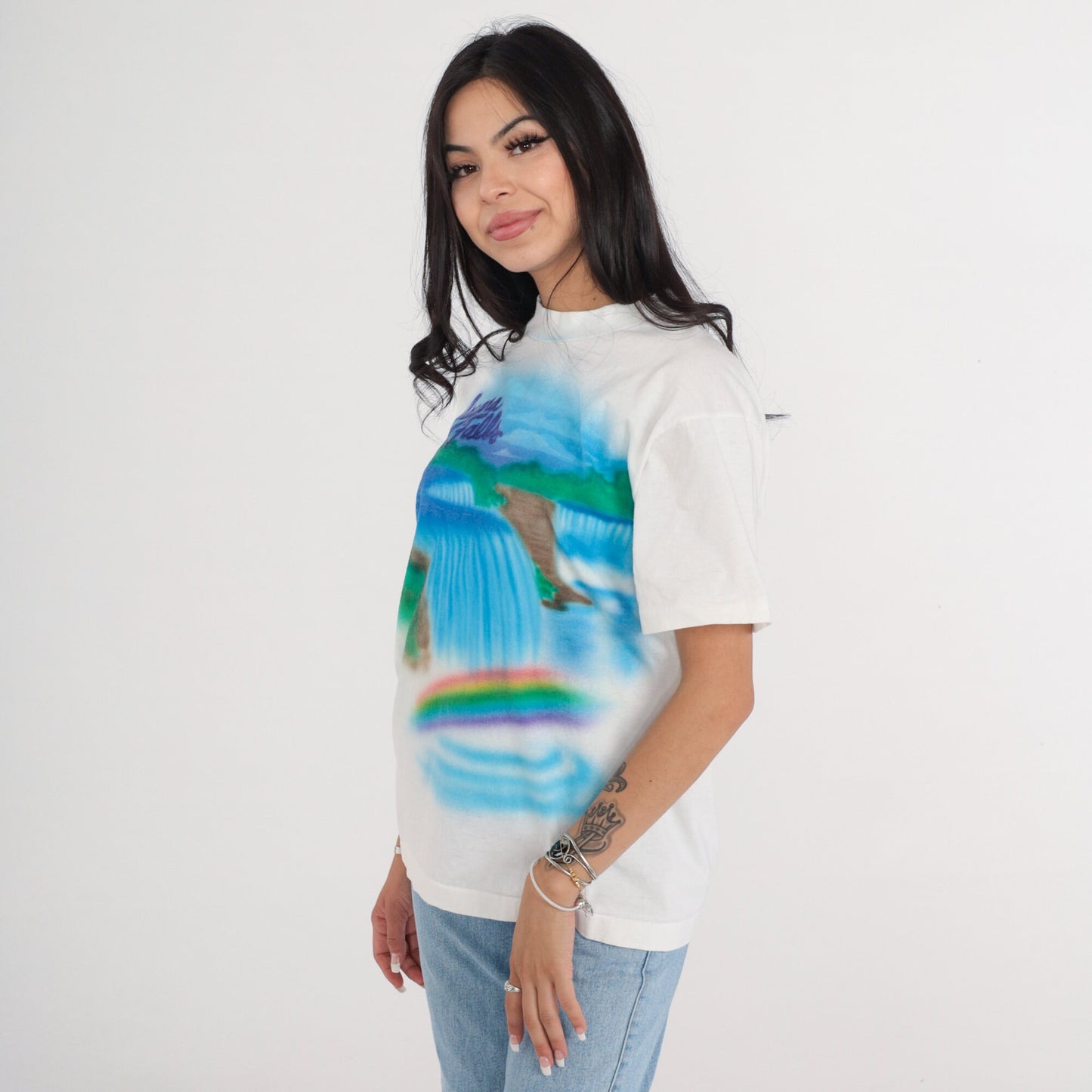 90s Niagara Falls Airbrush T-Shirt Rainbow Waterfall Graphic Tee White Large L