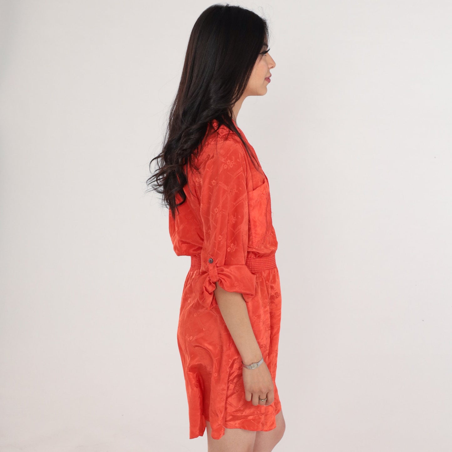 70s Irene Kasmer Orange Floral Blouson Mini Dress Smocked Waist Medium M