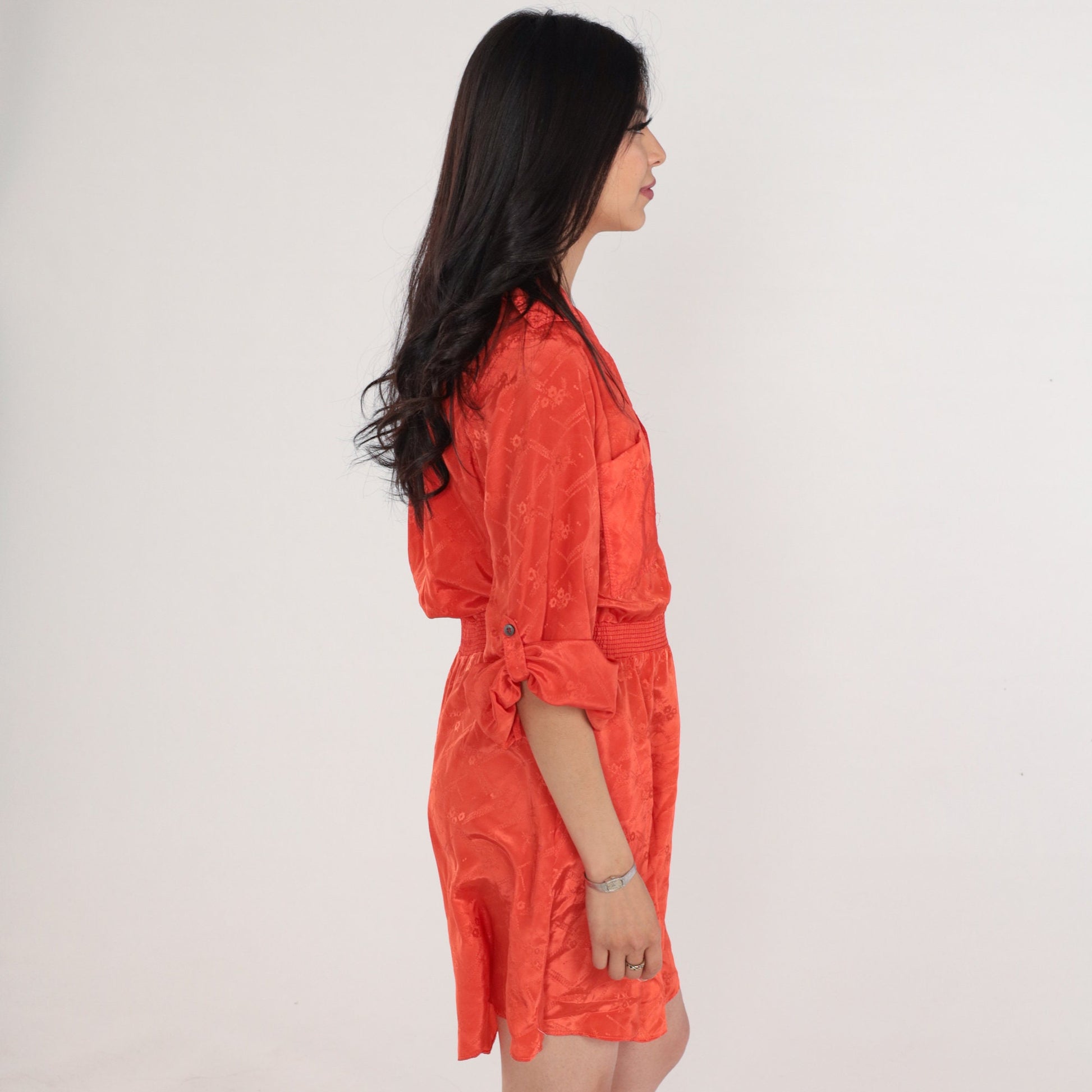 70s Irene Kasmer Orange Floral Blouson Mini Dress Smocked Waist Medium M