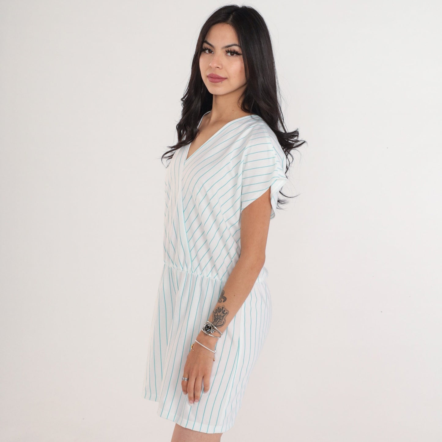 80s White Blue Striped Mini Dress V-Neck Faux Wrap High Waist Medium Large