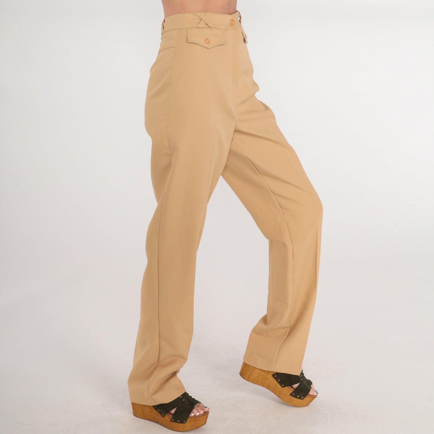 70s Tan High-Waisted Straight Leg Trousers Creased Flaminga Small