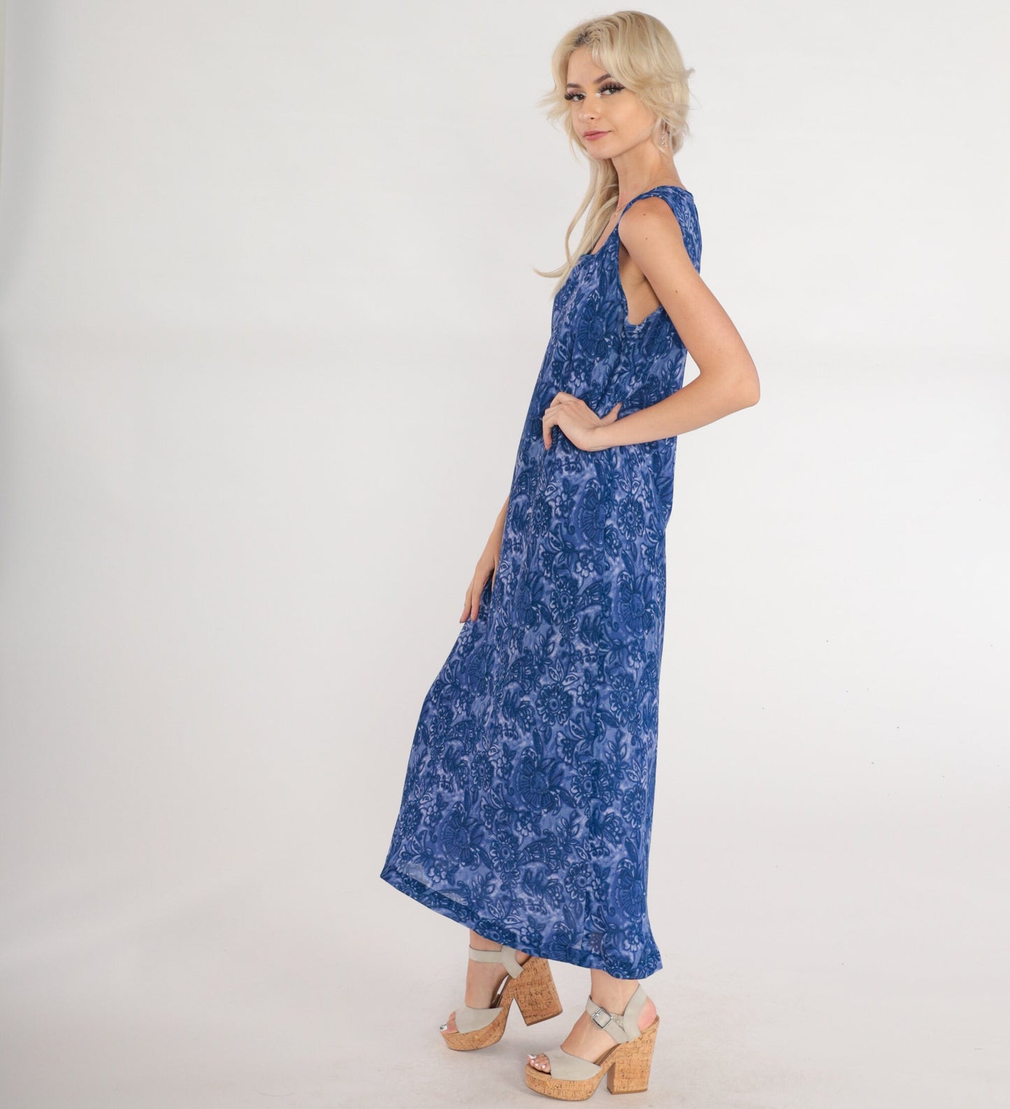 90s Floral Maxi Dress Purple Blue Sleeveless Scoop Neck Tank Medium