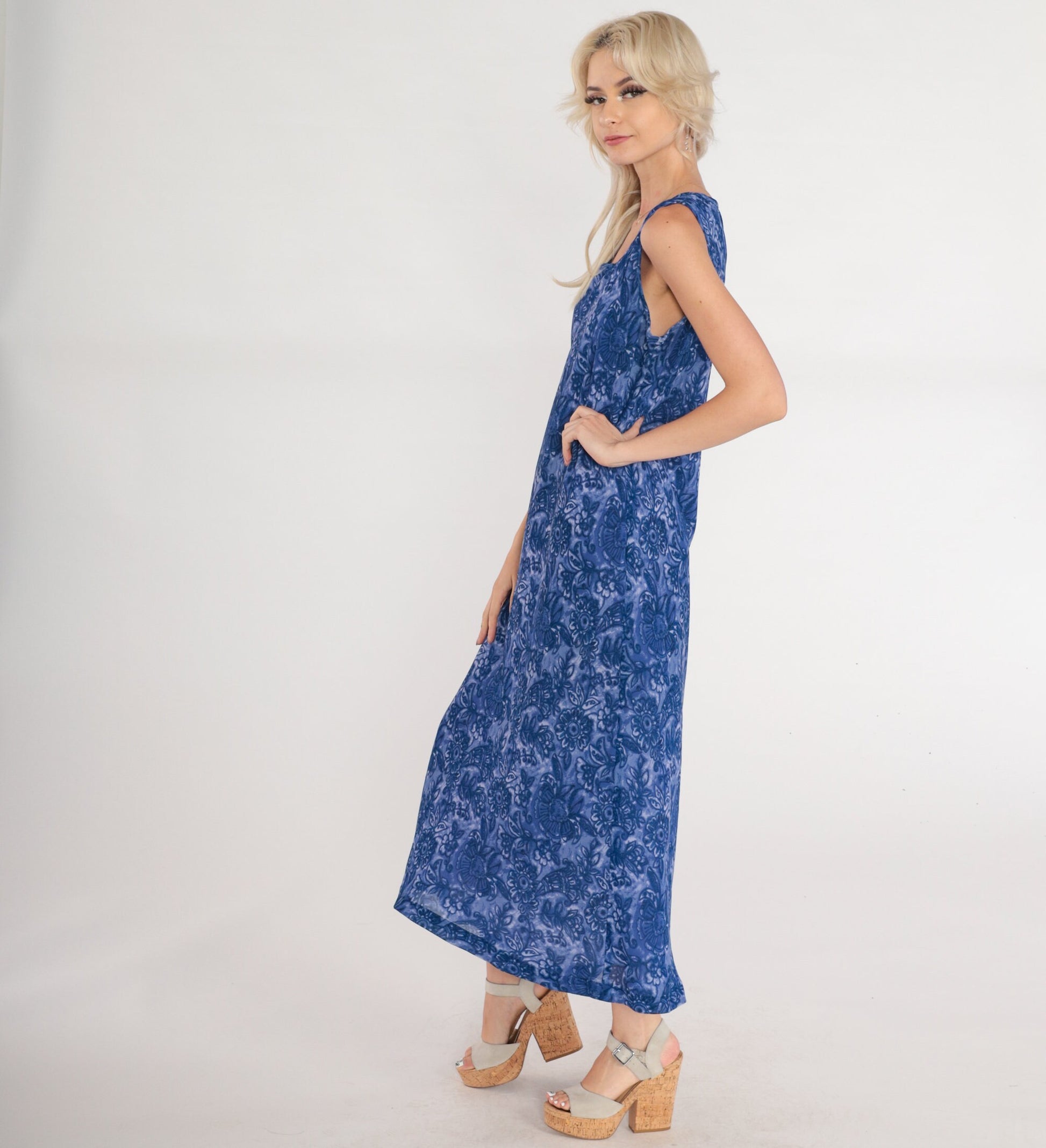 90s Floral Maxi Dress Purple Blue Sleeveless Scoop Neck Tank Medium