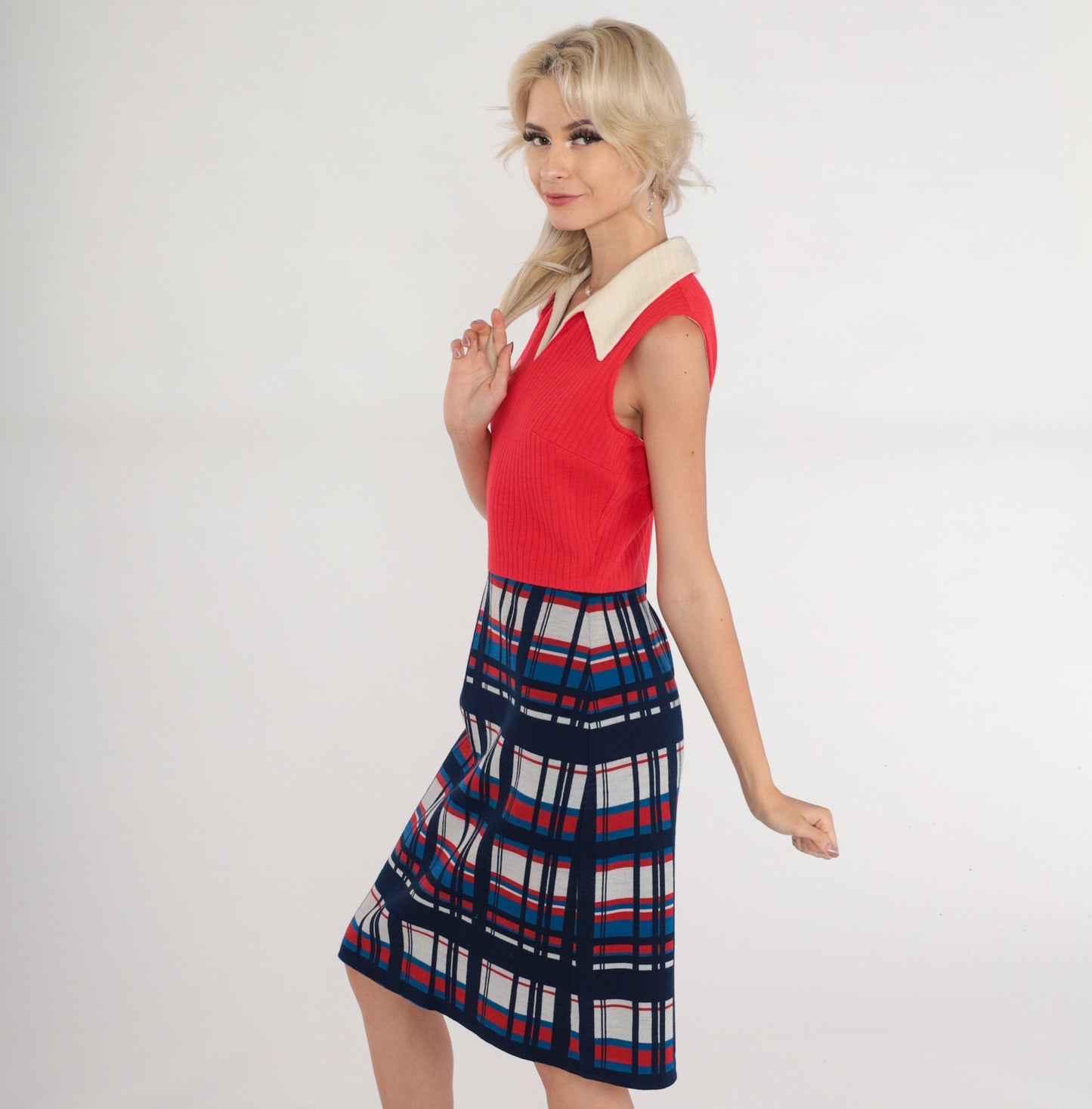 60s Bleeker Street Red Plaid Wool Shift Dress Collared Sleeveless Small