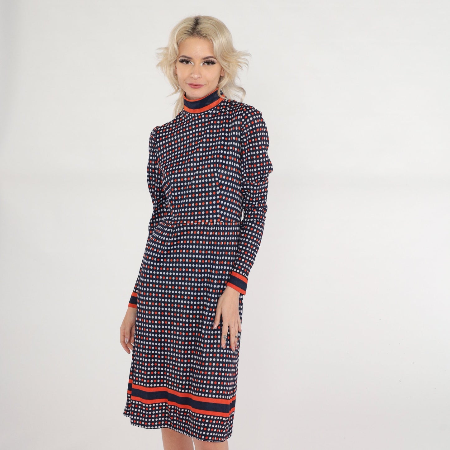 1960s Mod Polka Dot Dress Navy Blue Red White Puff Sleeve Mock Neck Small S