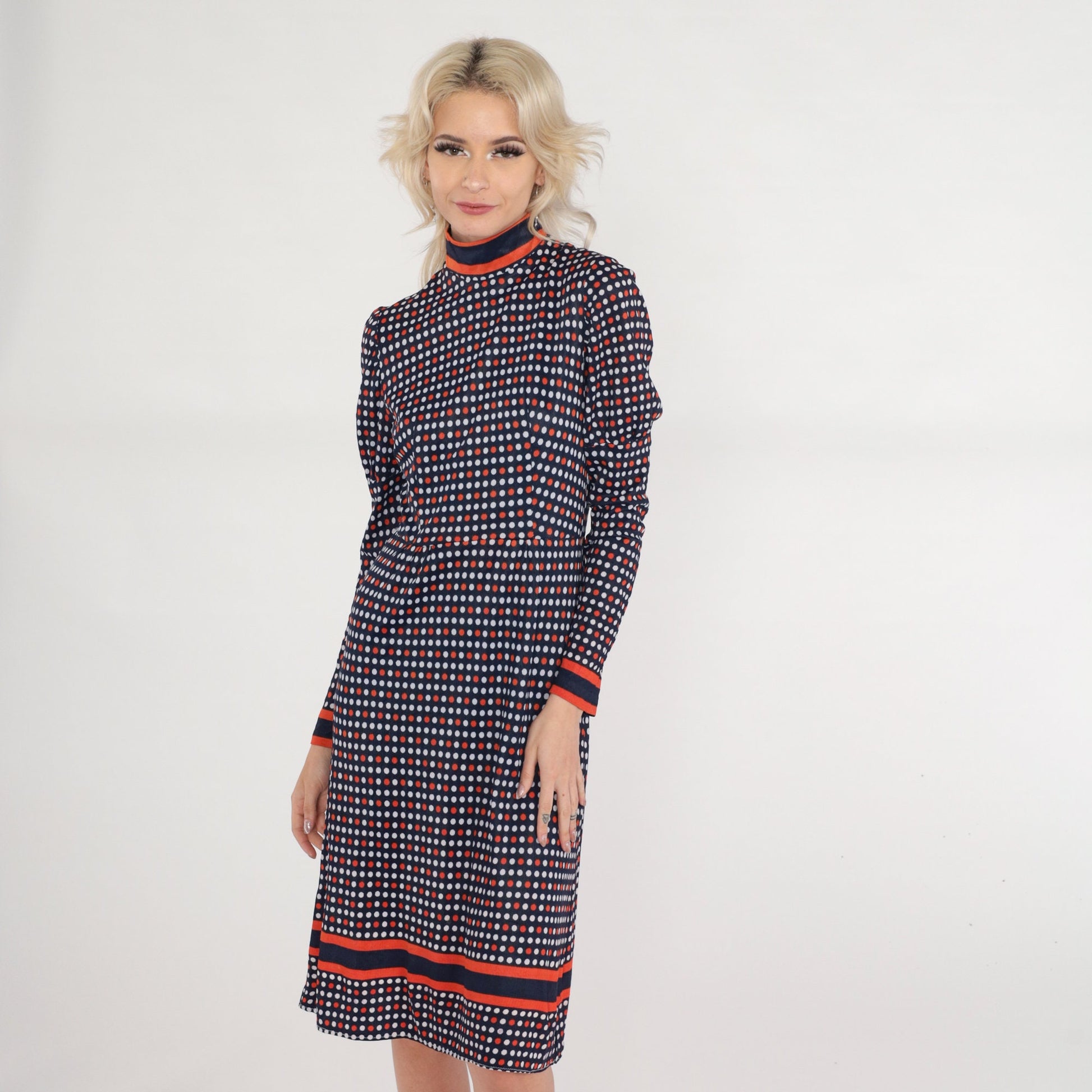 1960s Mod Polka Dot Dress Navy Blue Red White Puff Sleeve Mock Neck Small S